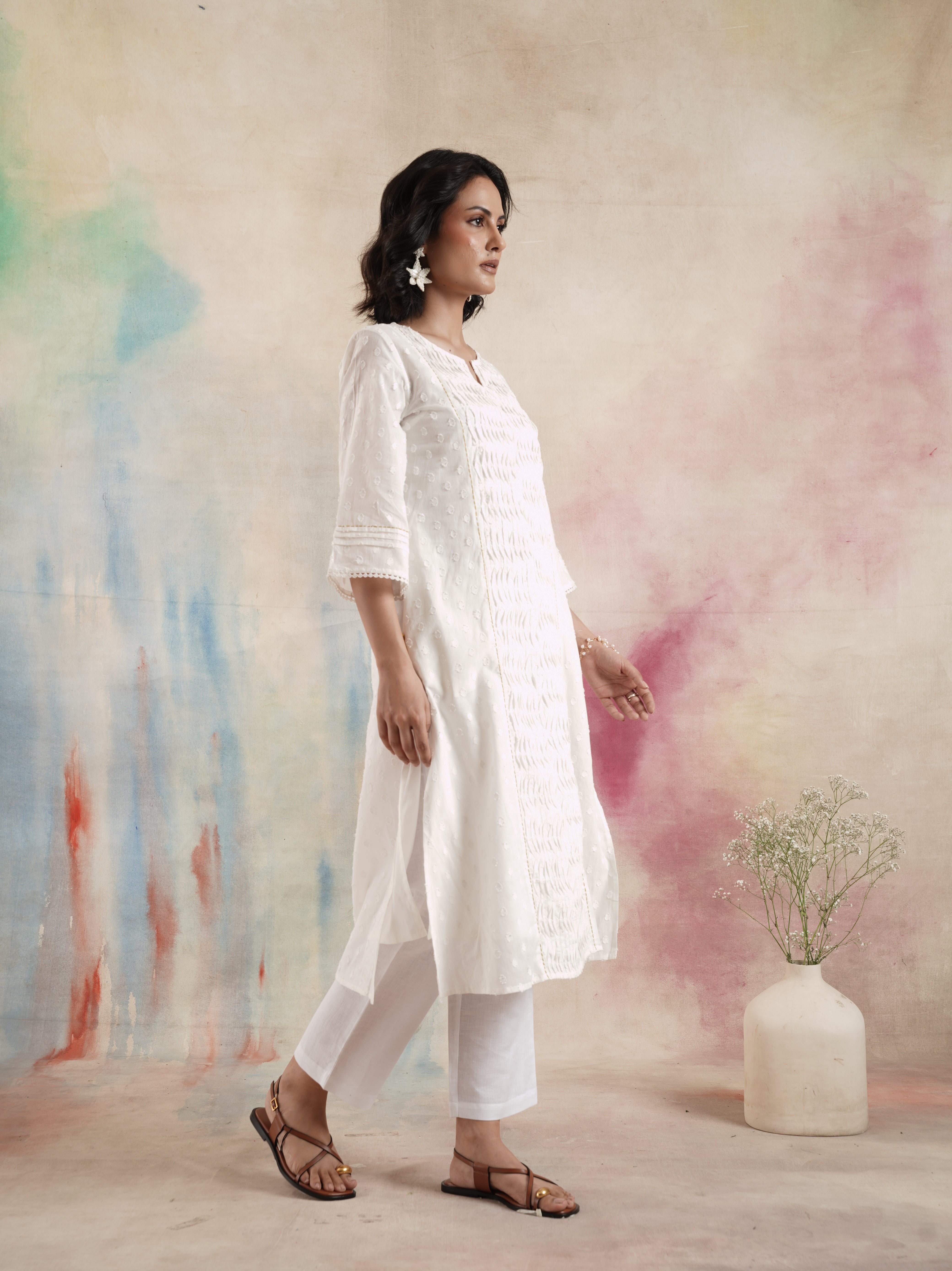 Women's Off White Ruching Kurta Set