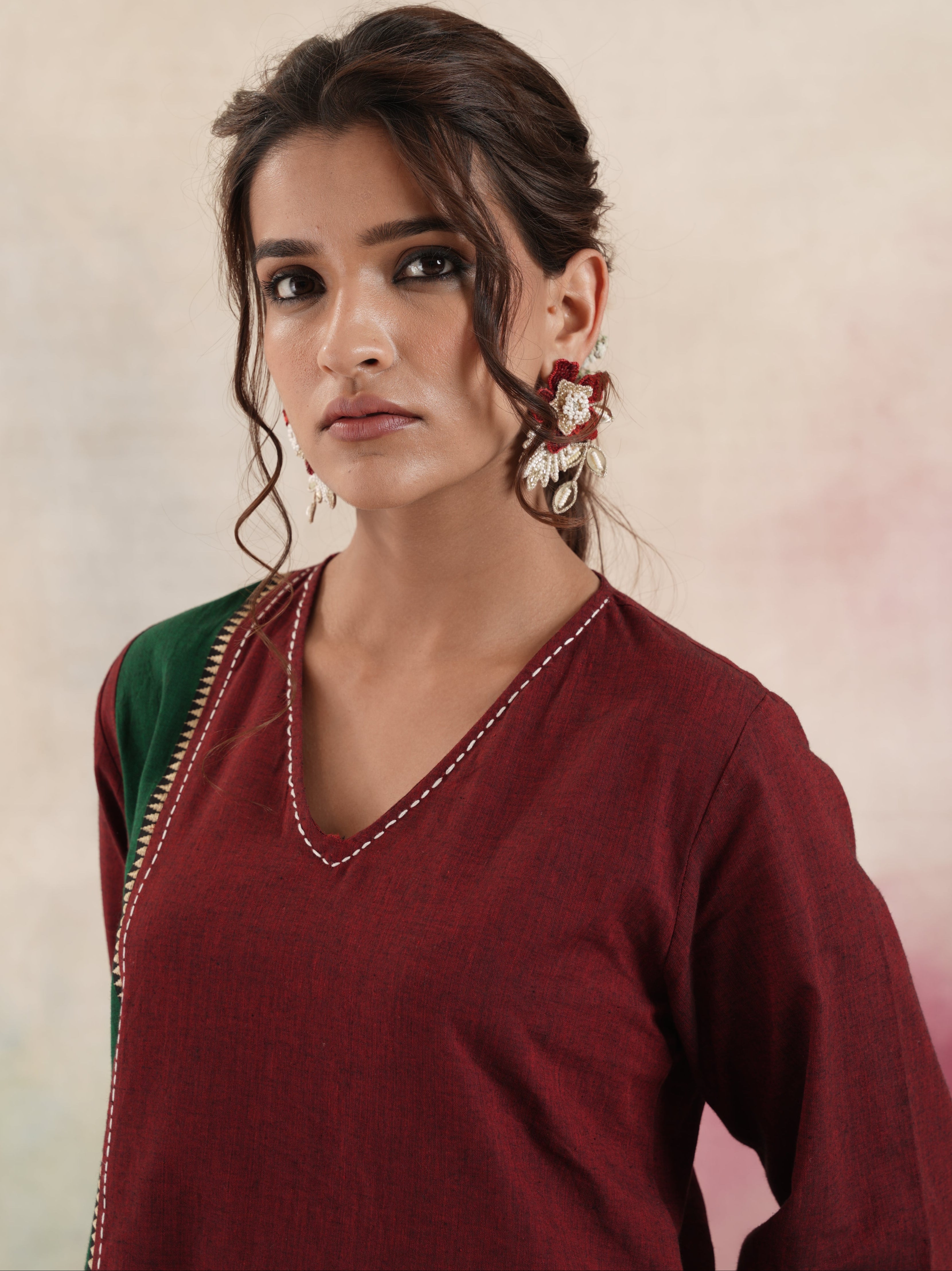 Women's Maroon Colour Block Kurta