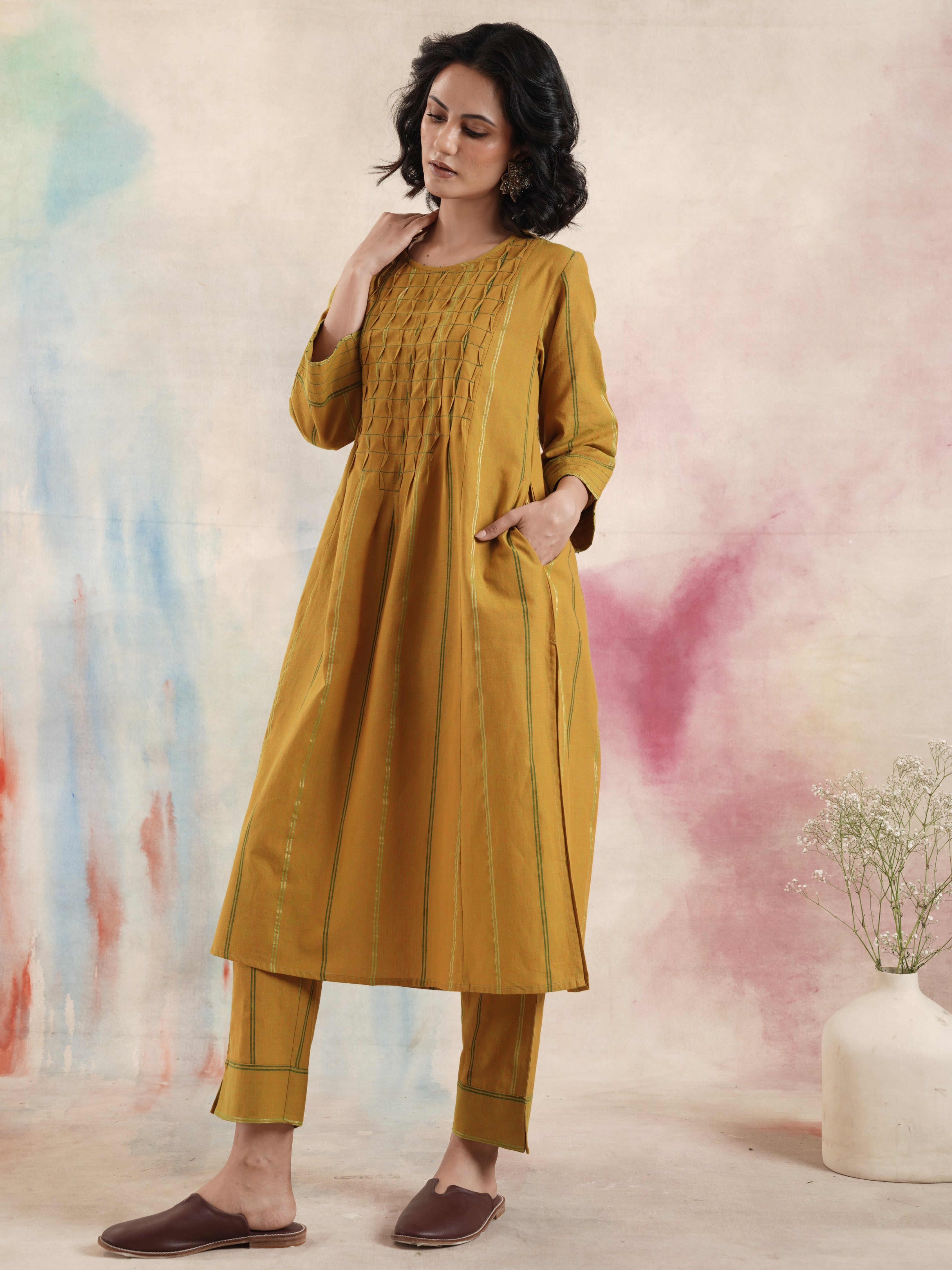 Women's Mustard Ruching Kurta Set