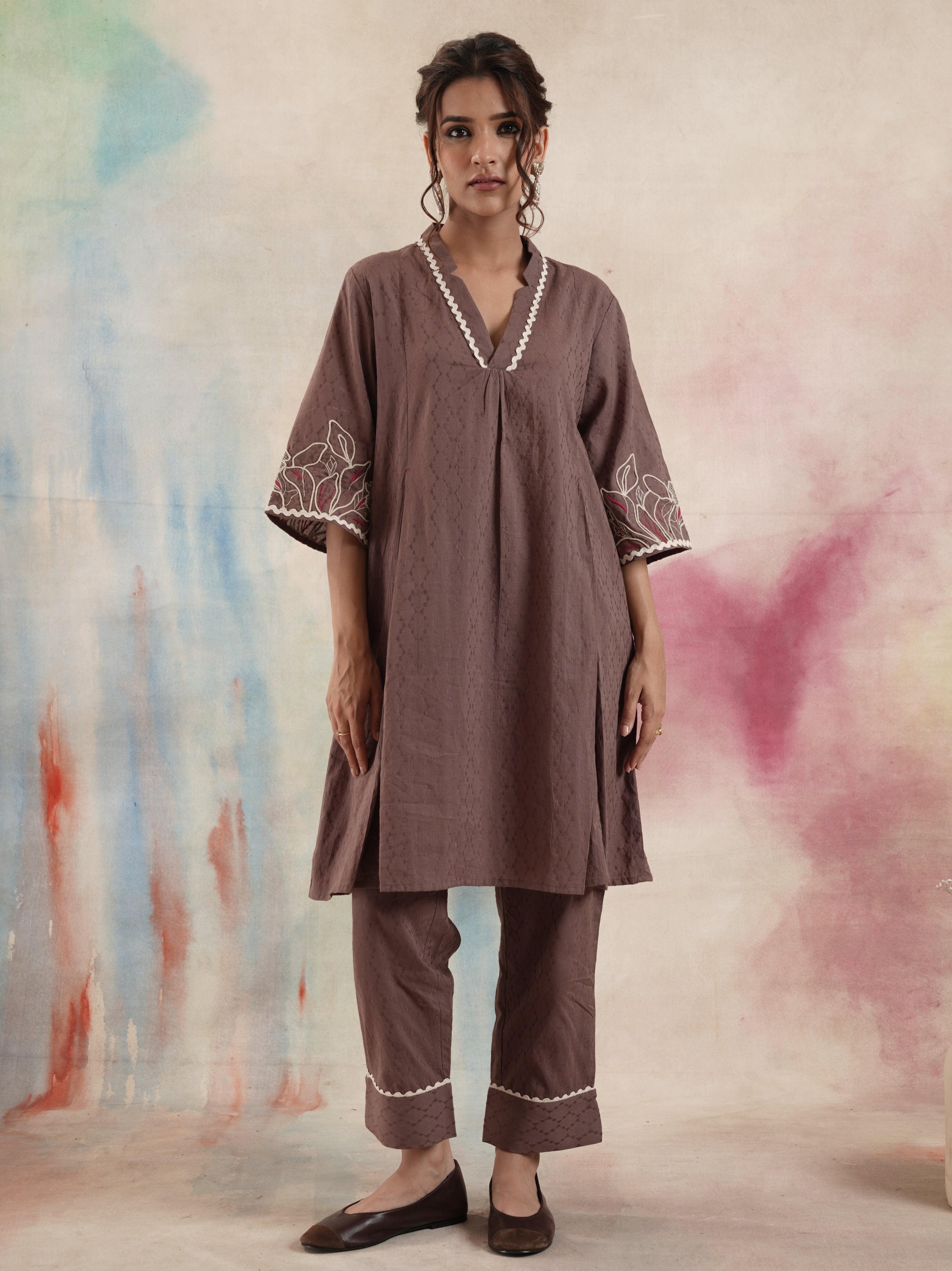 Women's Brown Embroidered Coord Set