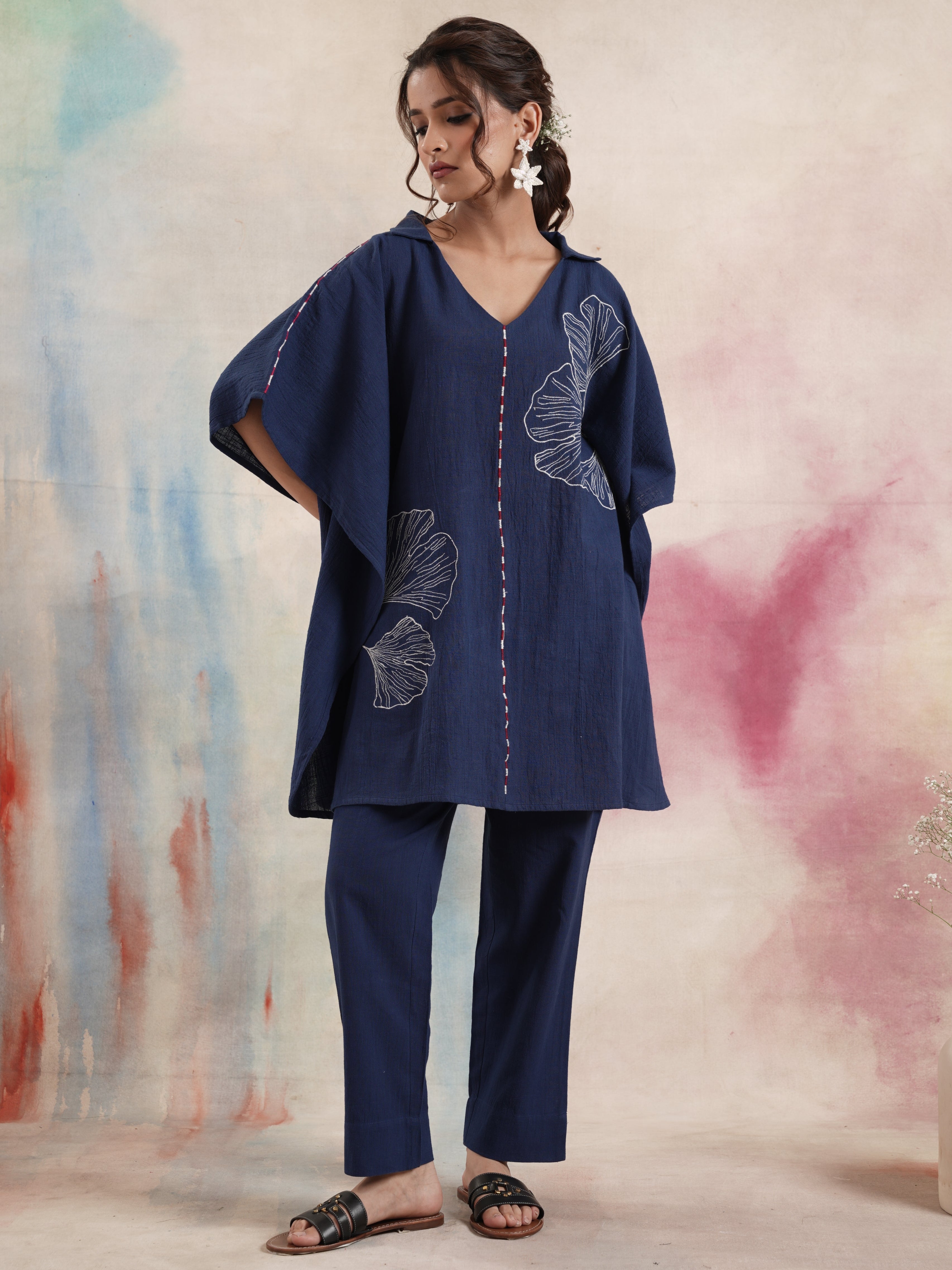 Women's Navy Embroidered Kaftan Pant Set