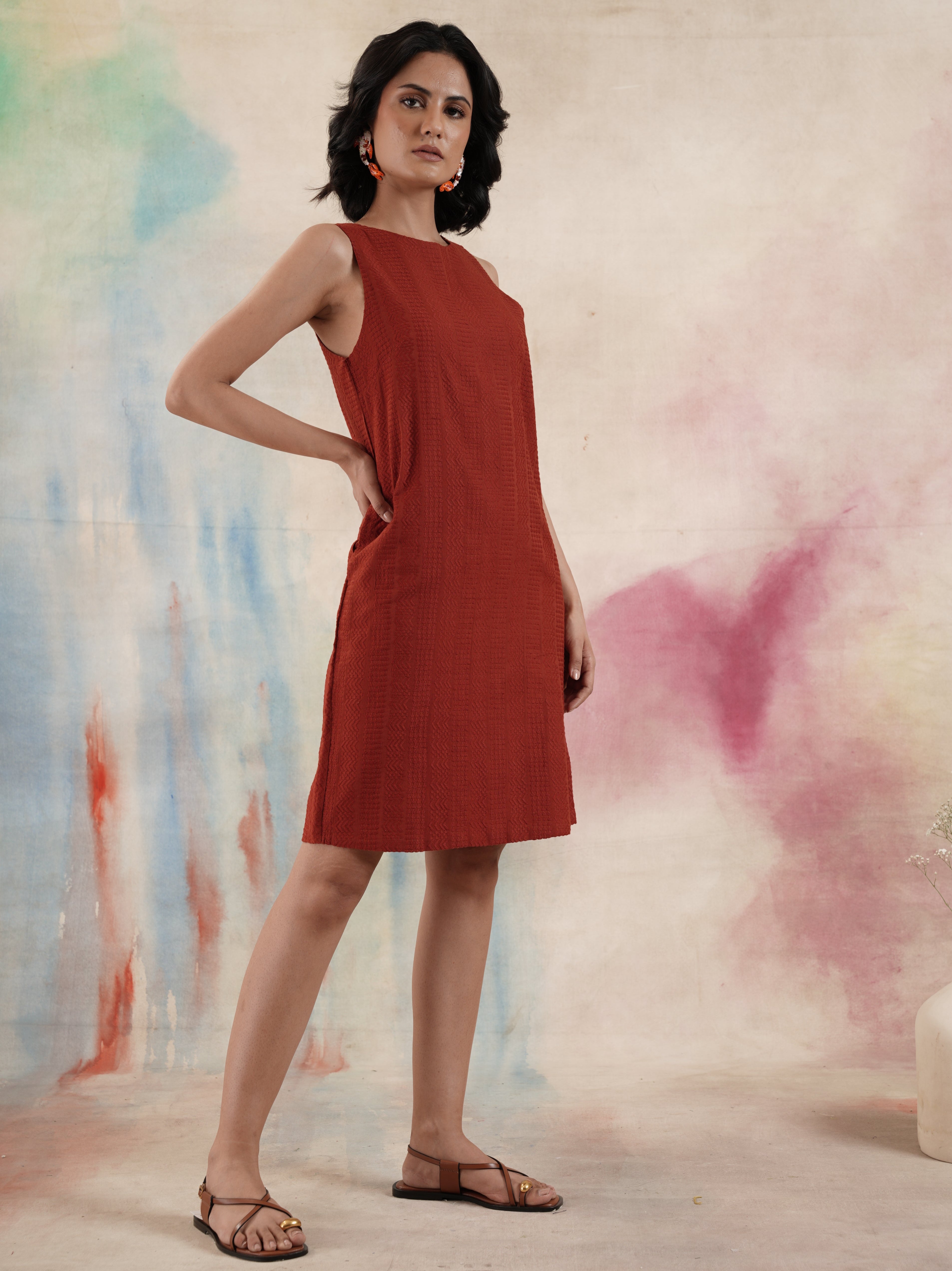 Women's Rust Self Embroidered Shift Dress