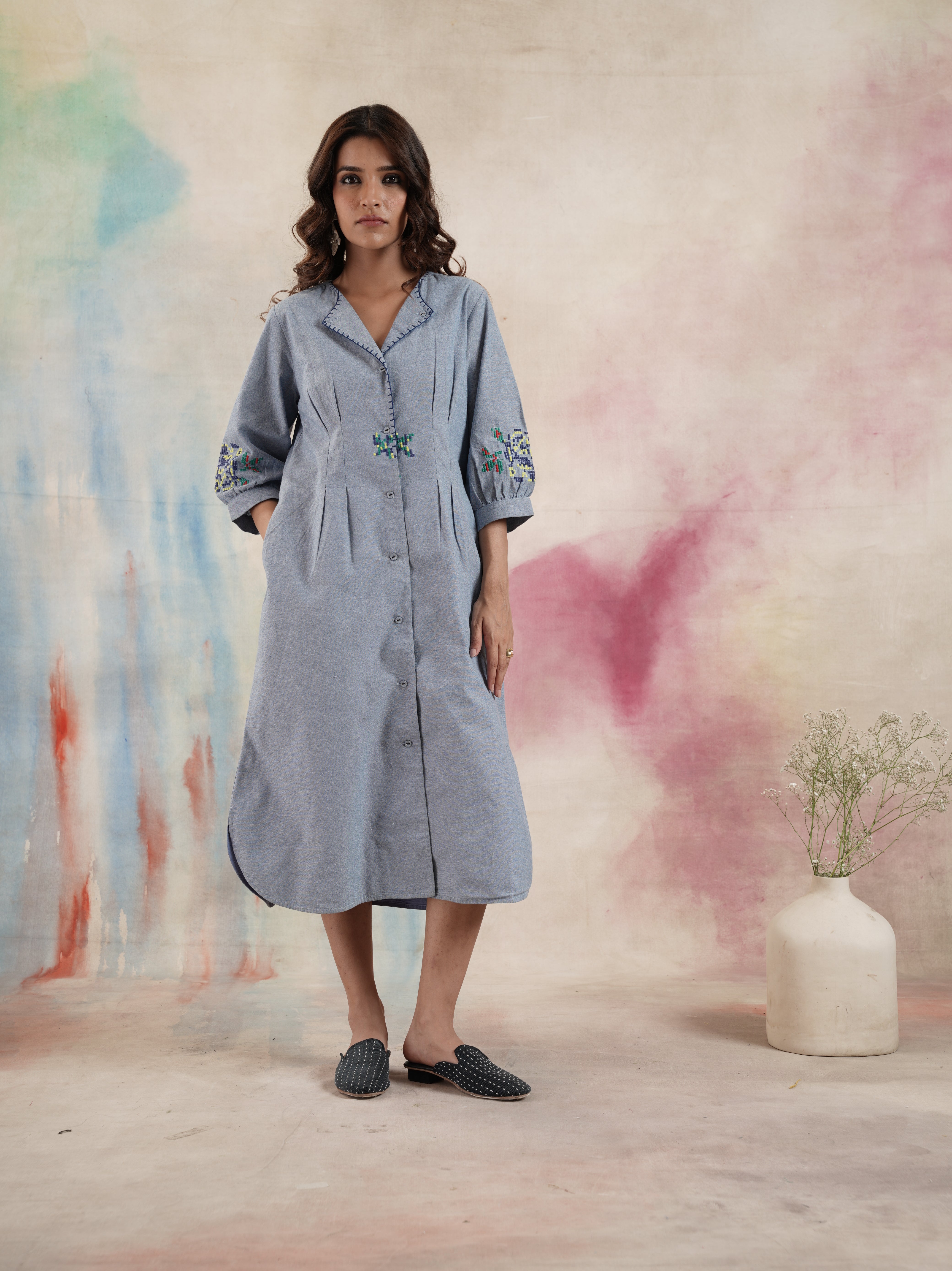 Women's Blue Embroidered Dart Dress
