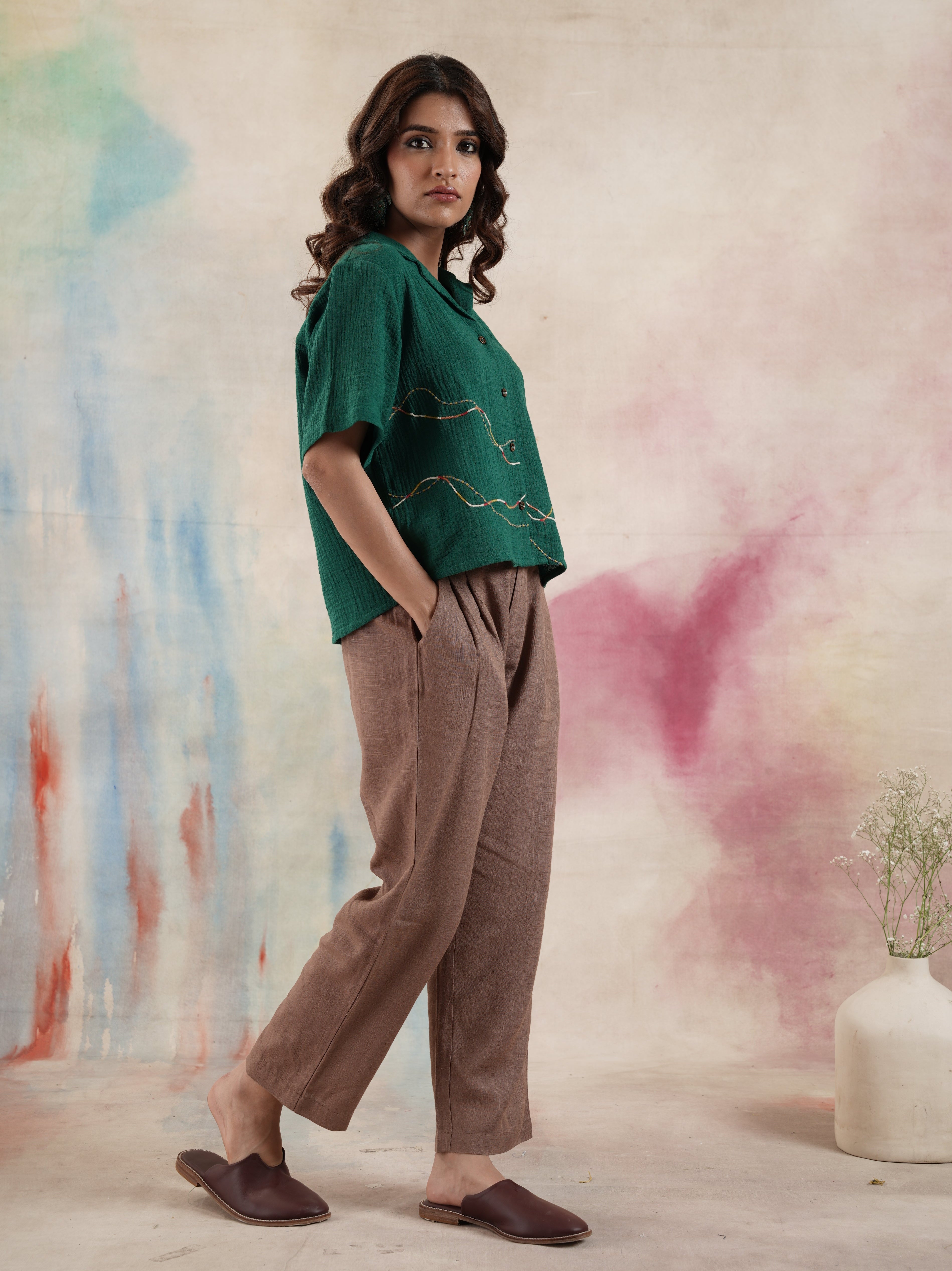 Women's Green Embroidered Gauze Shirt