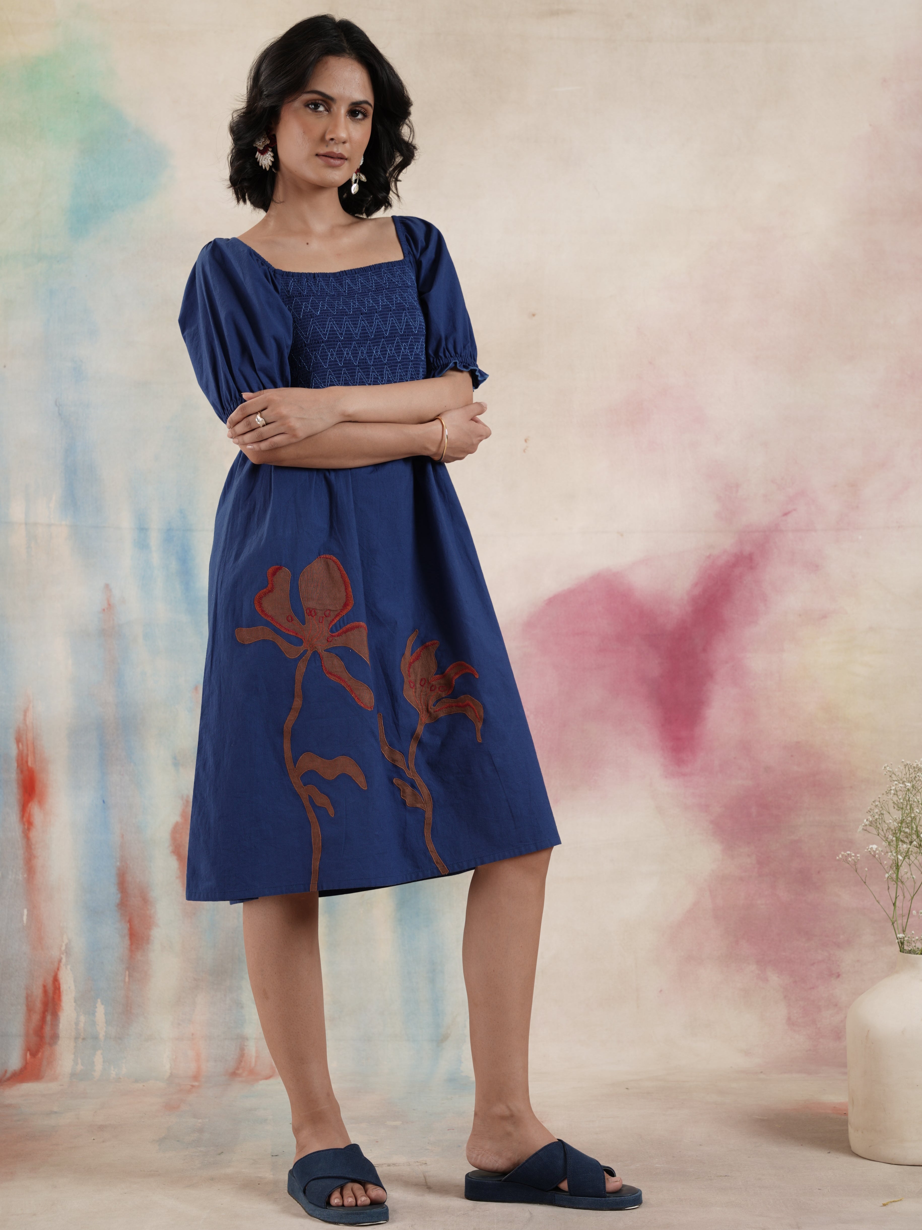 Women's Smocked Cotton Ankle Length Dress