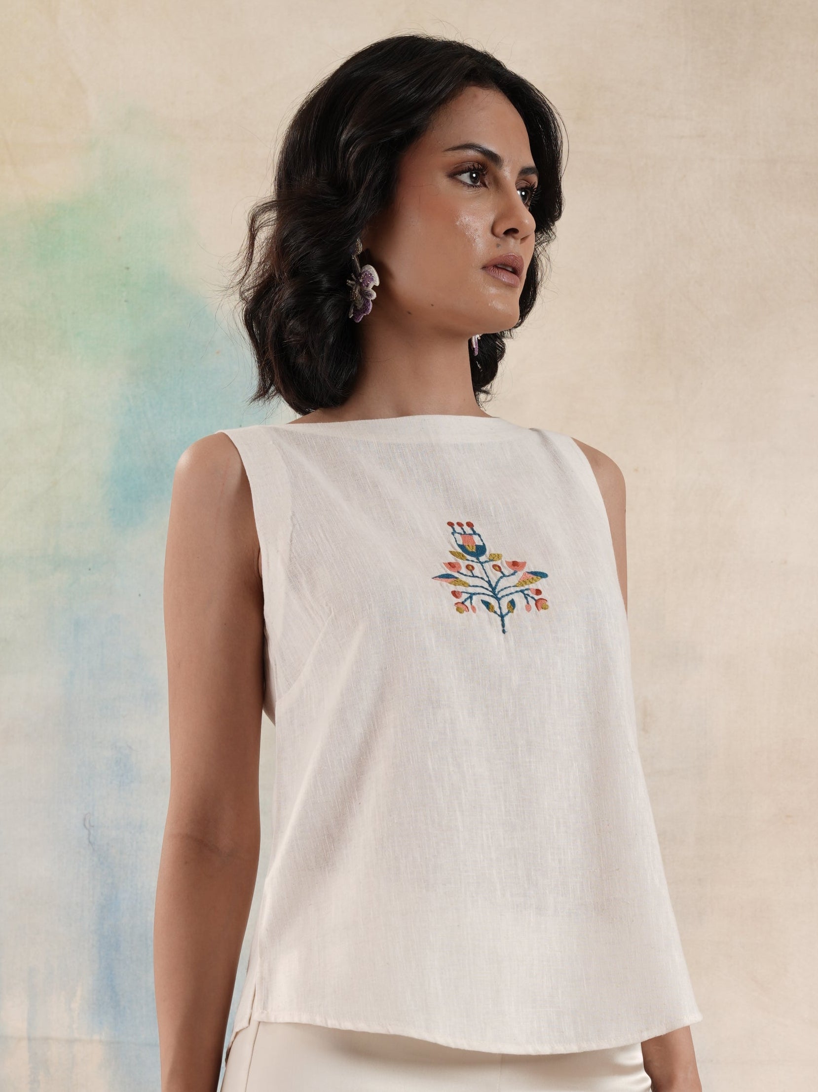 Women's Beige Sleeveless Embroidered Top