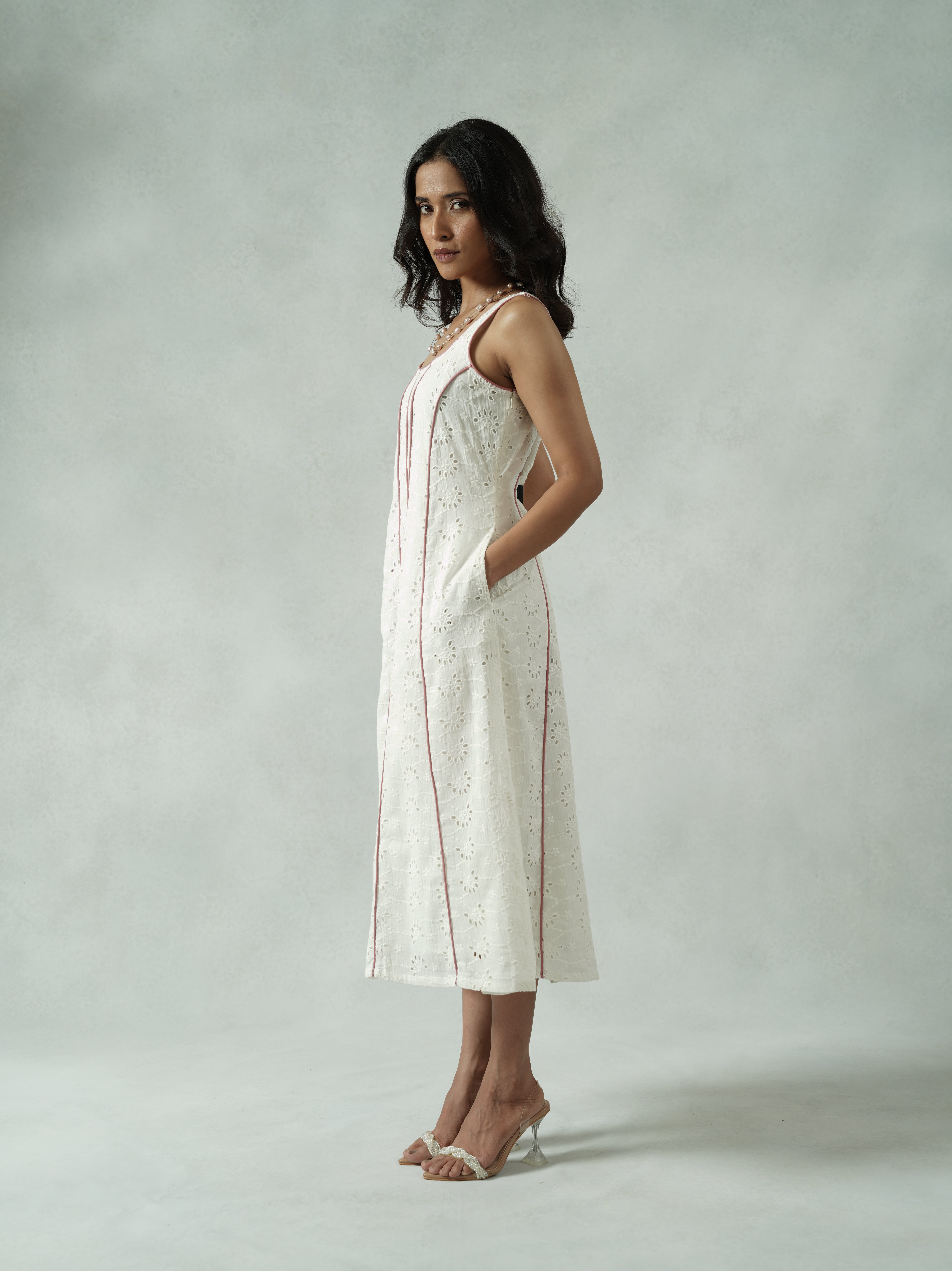 White Schiffli Panel Dress with Pink Piping