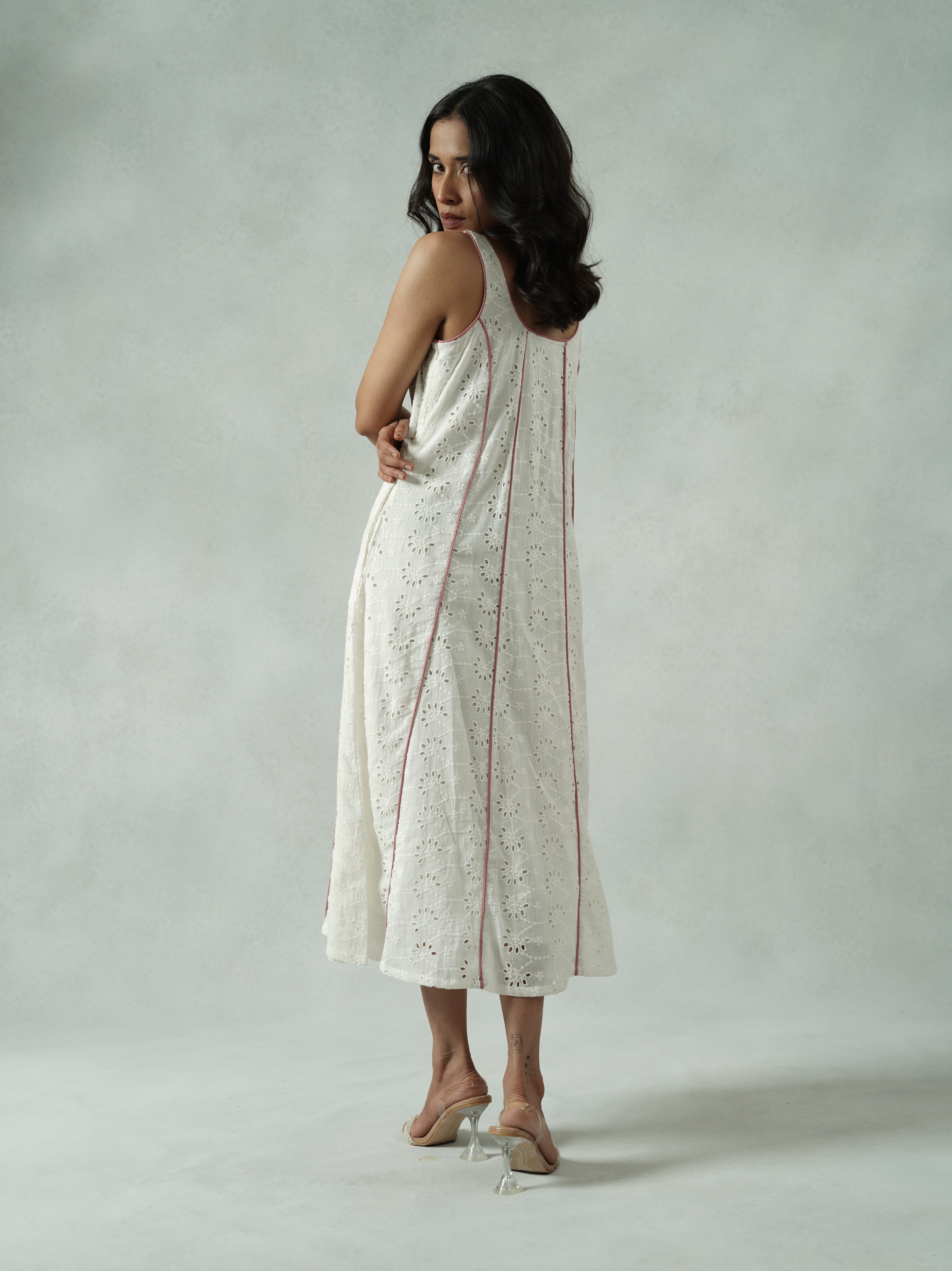 White Schiffli Panel Dress with Pink Piping