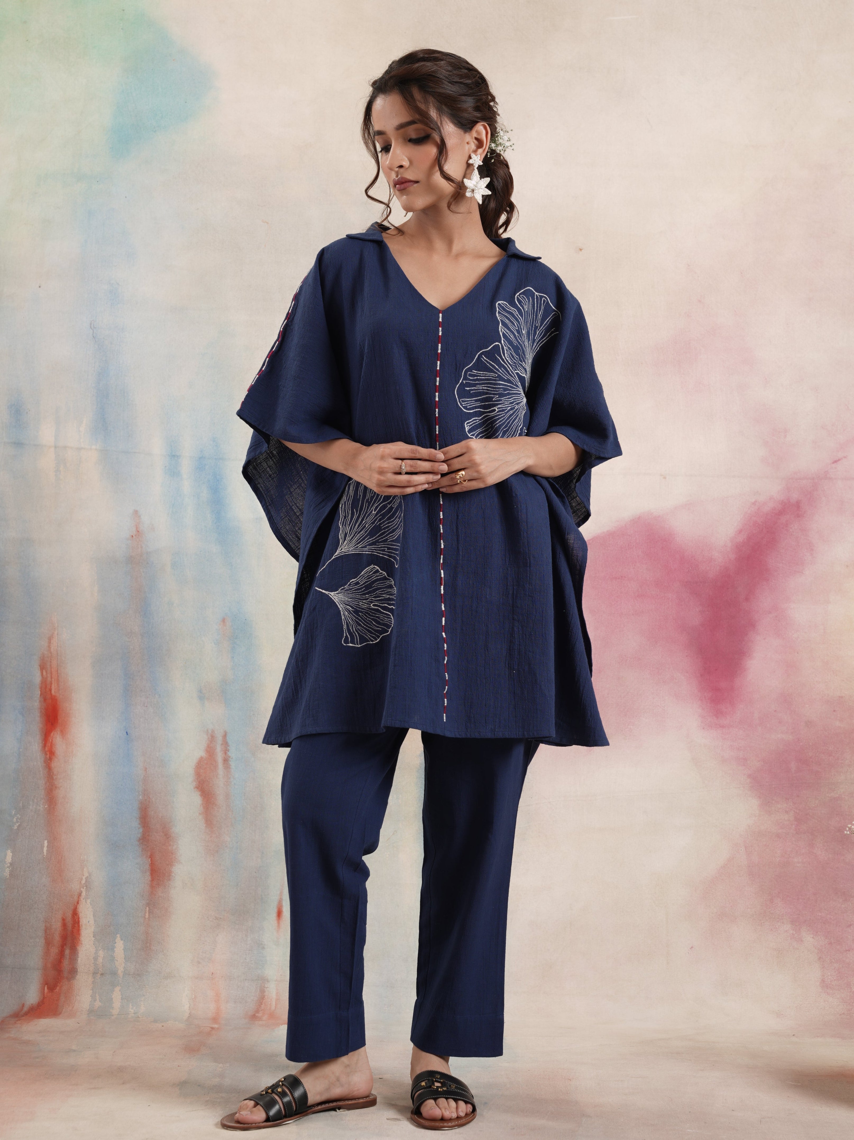 Women's Navy Embroidered Kaftan Pant Set