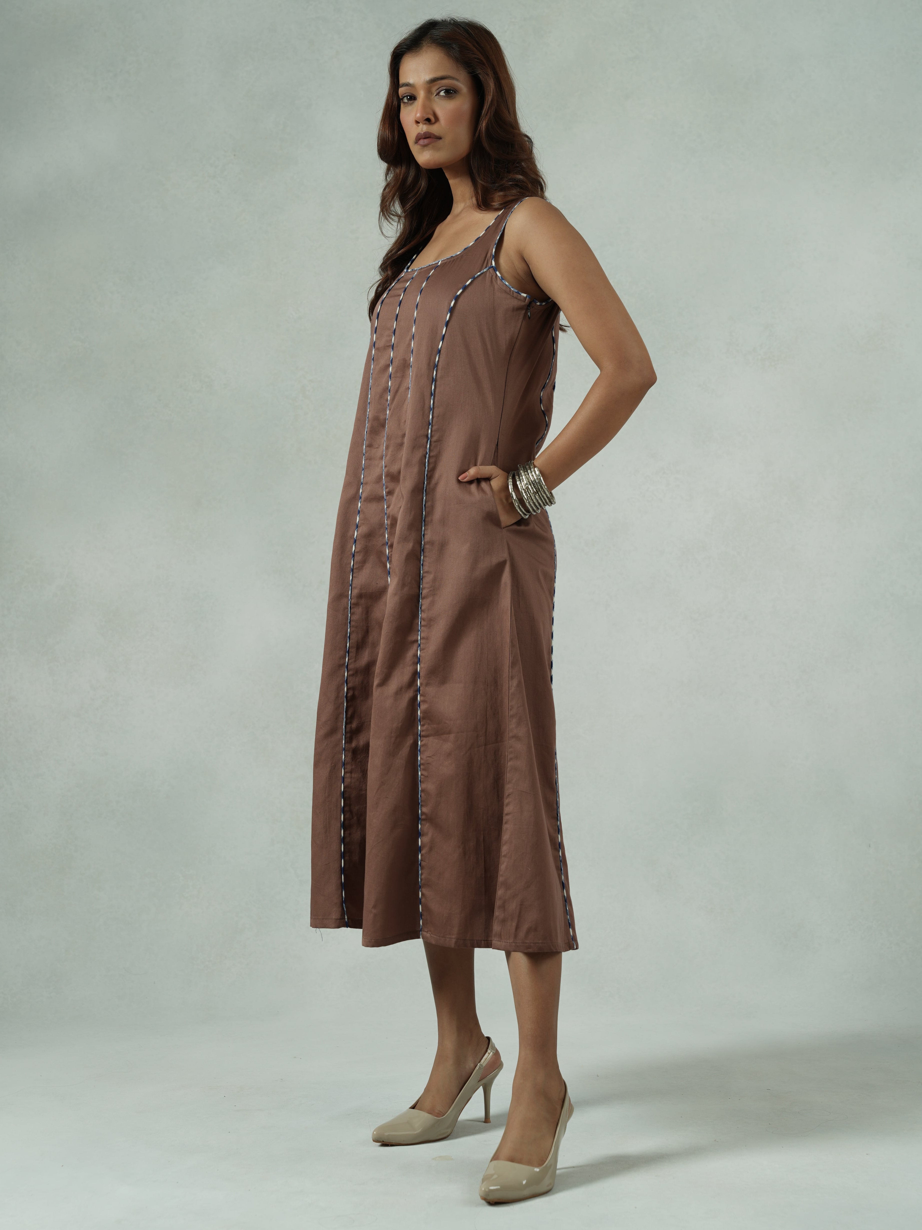 Brown Cotton Satin Panelled A-Line Party Dress