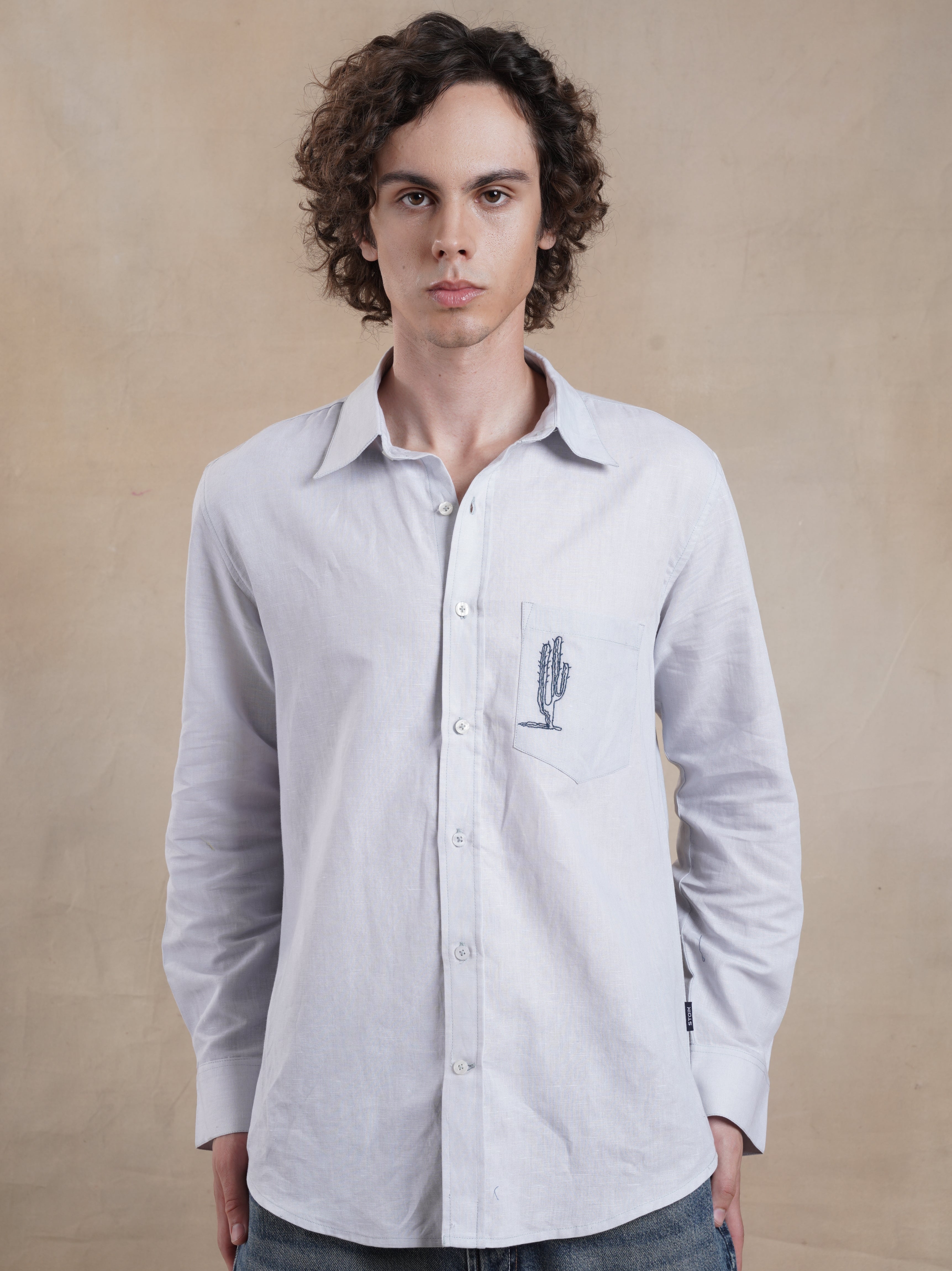 Men's Cotton Linen Back Embroidered Shirt