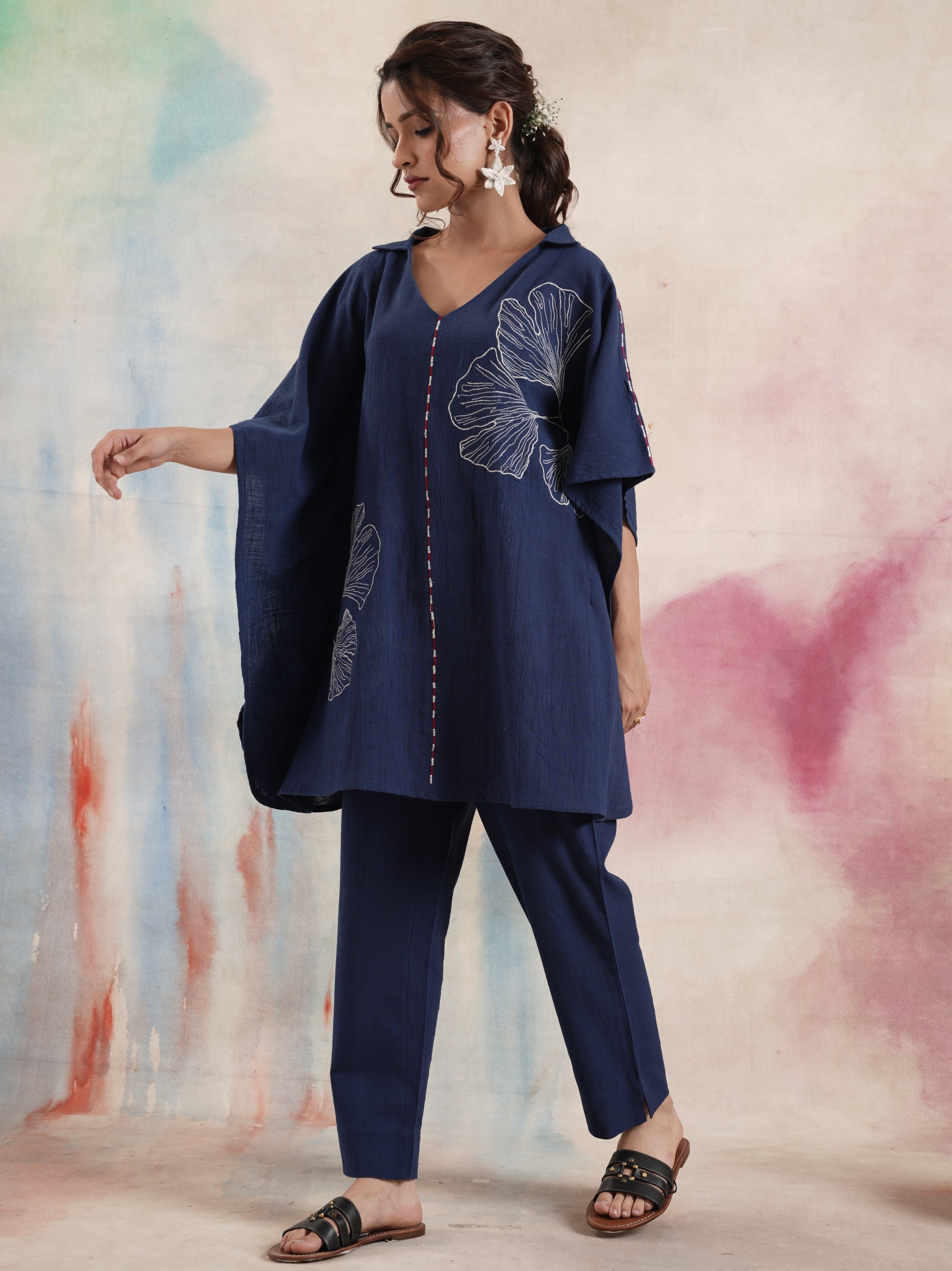 Women's Navy Embroidered Kaftan Pant Set