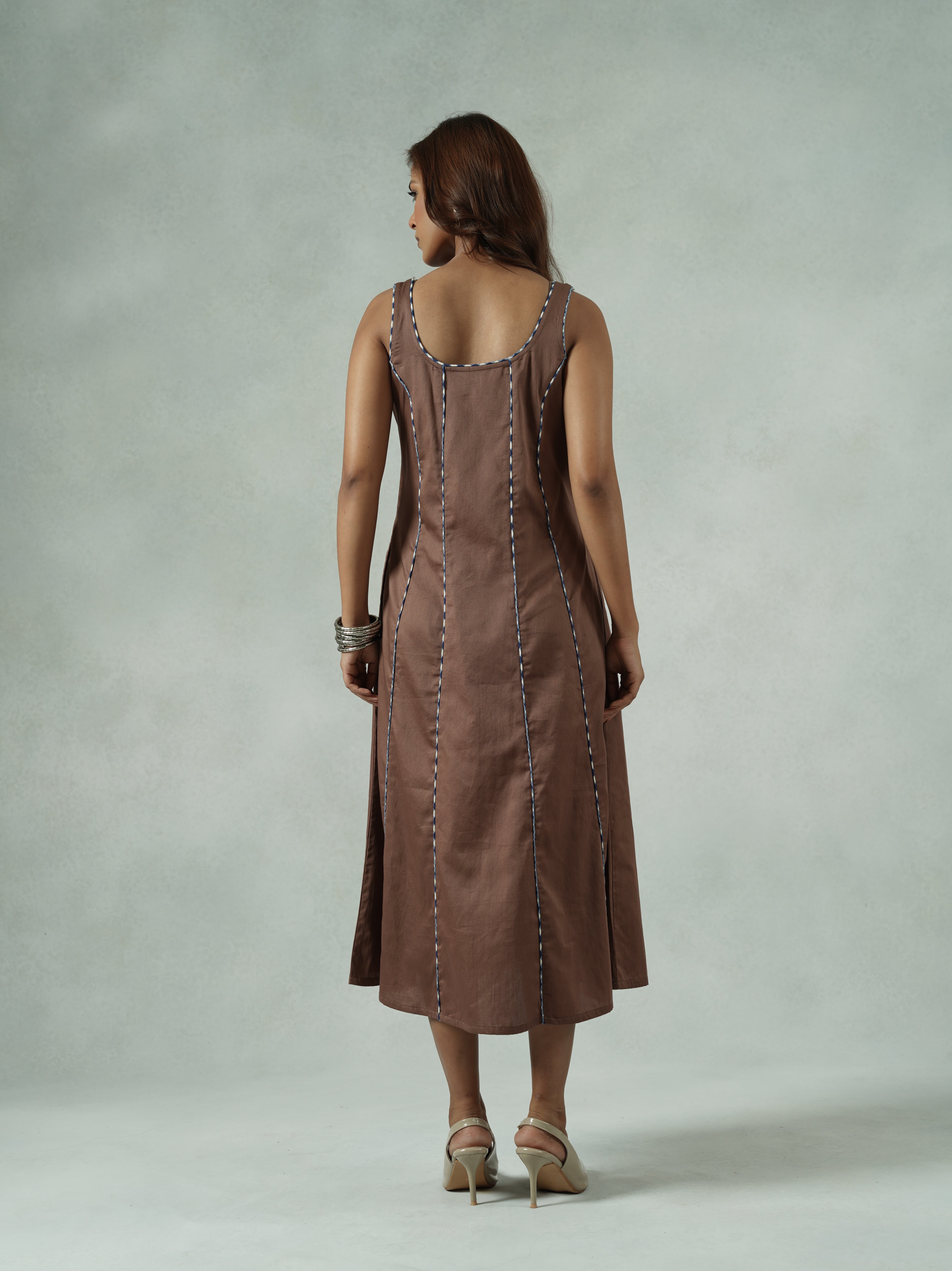 Brown Cotton Satin Panelled A-Line Party Dress