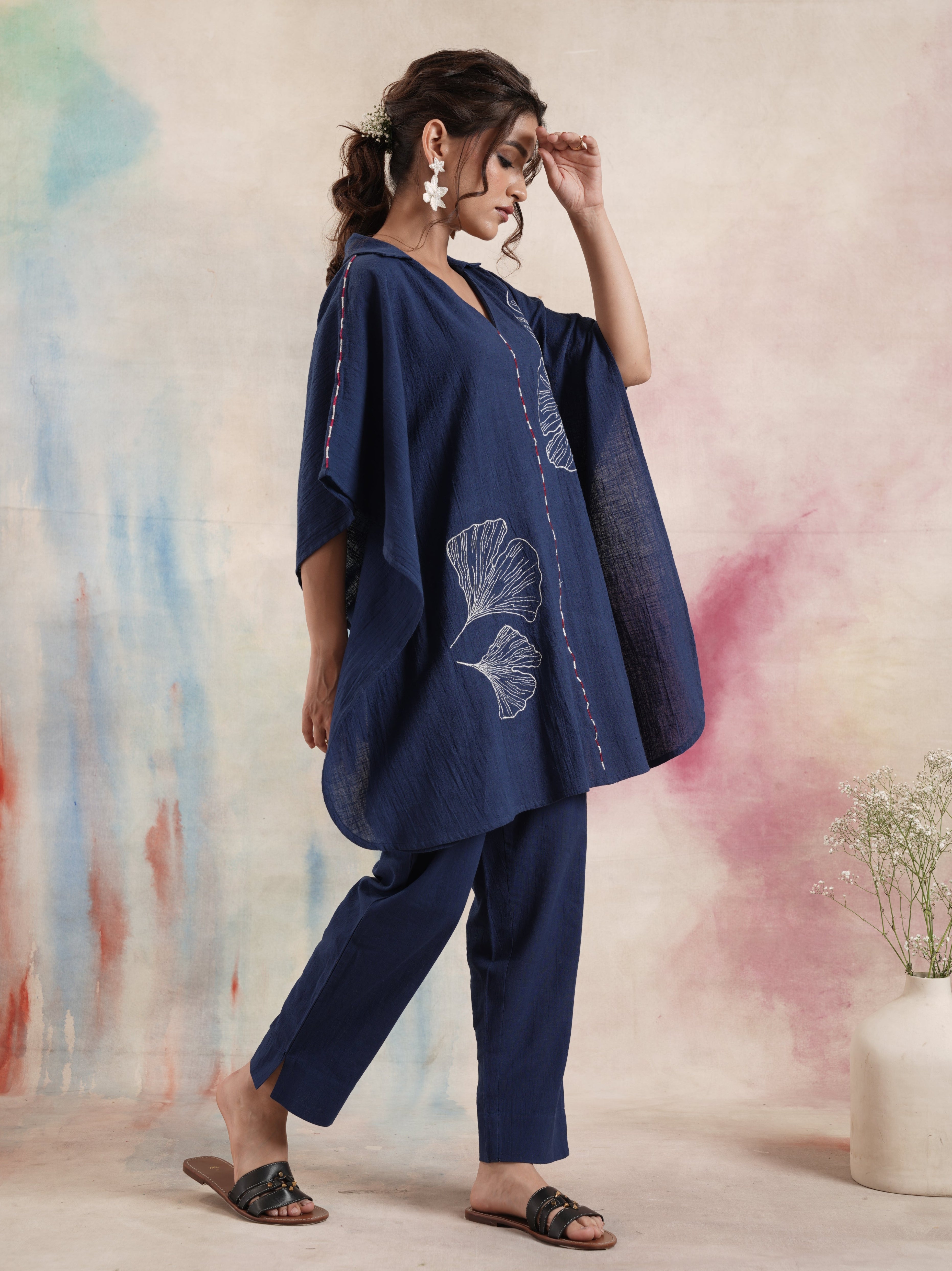 Women's Navy Embroidered Kaftan Pant Set