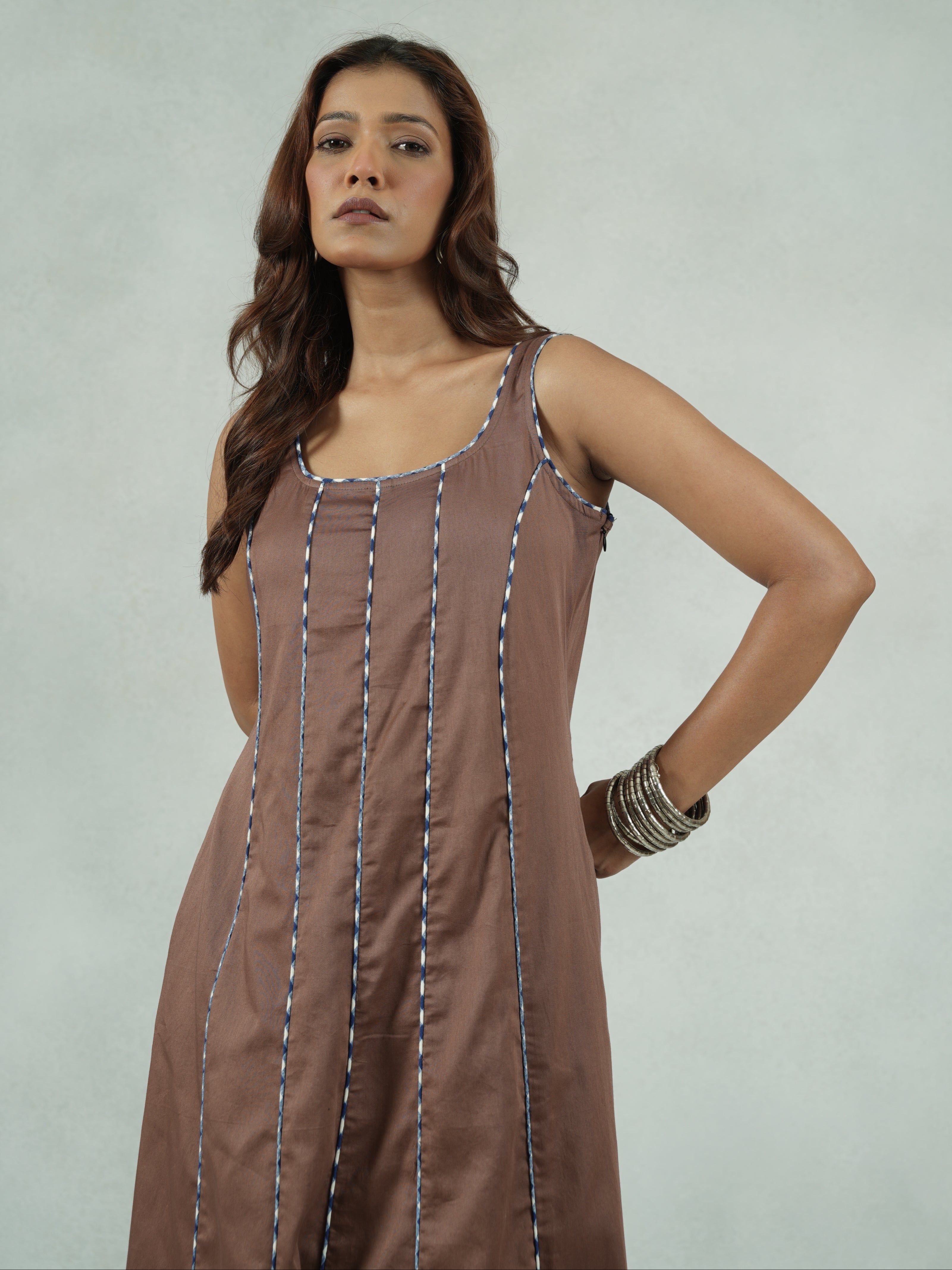 Brown Cotton Satin Panelled A-Line Party Dress