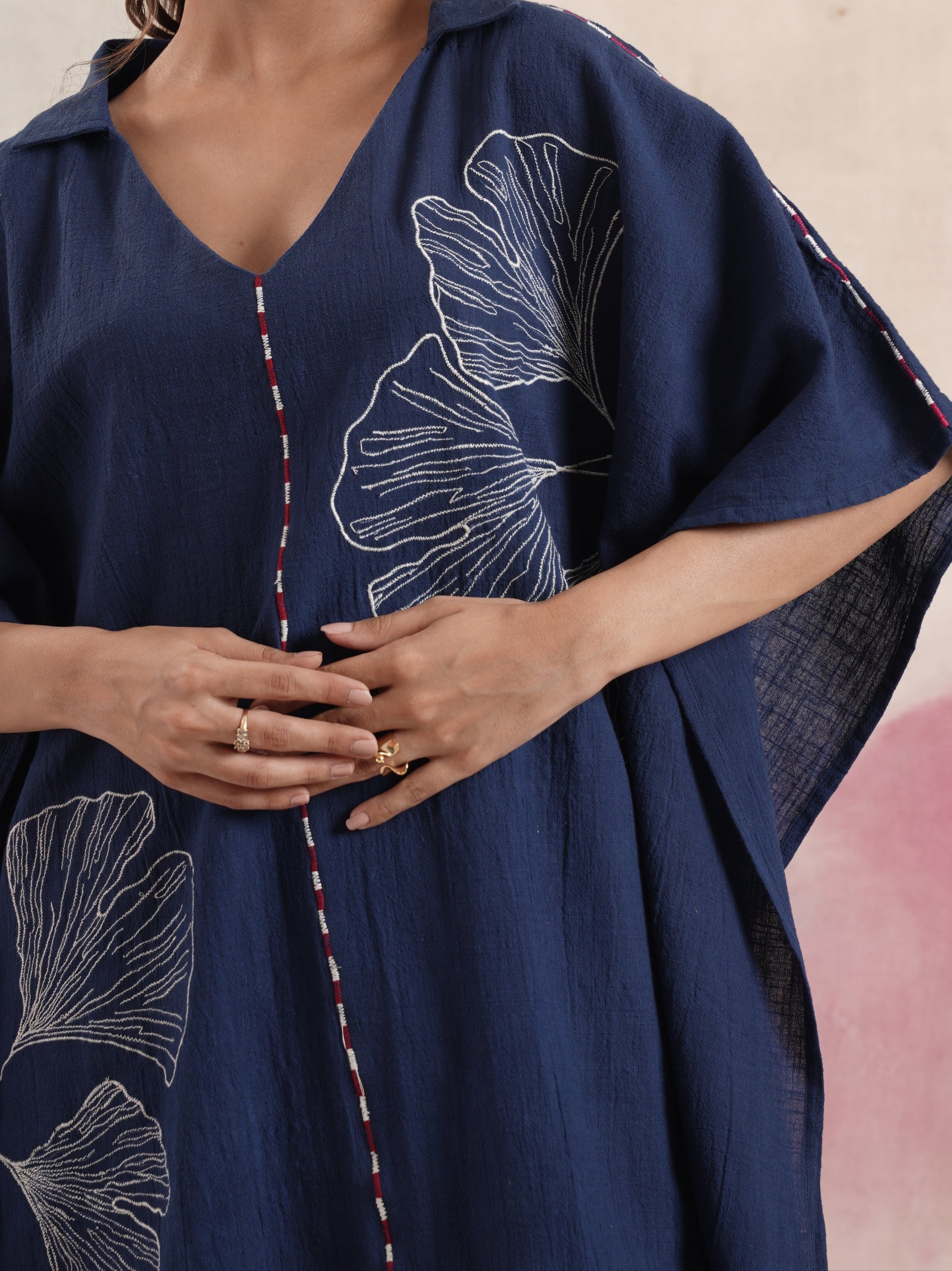 Women's Navy Embroidered Kaftan Pant Set
