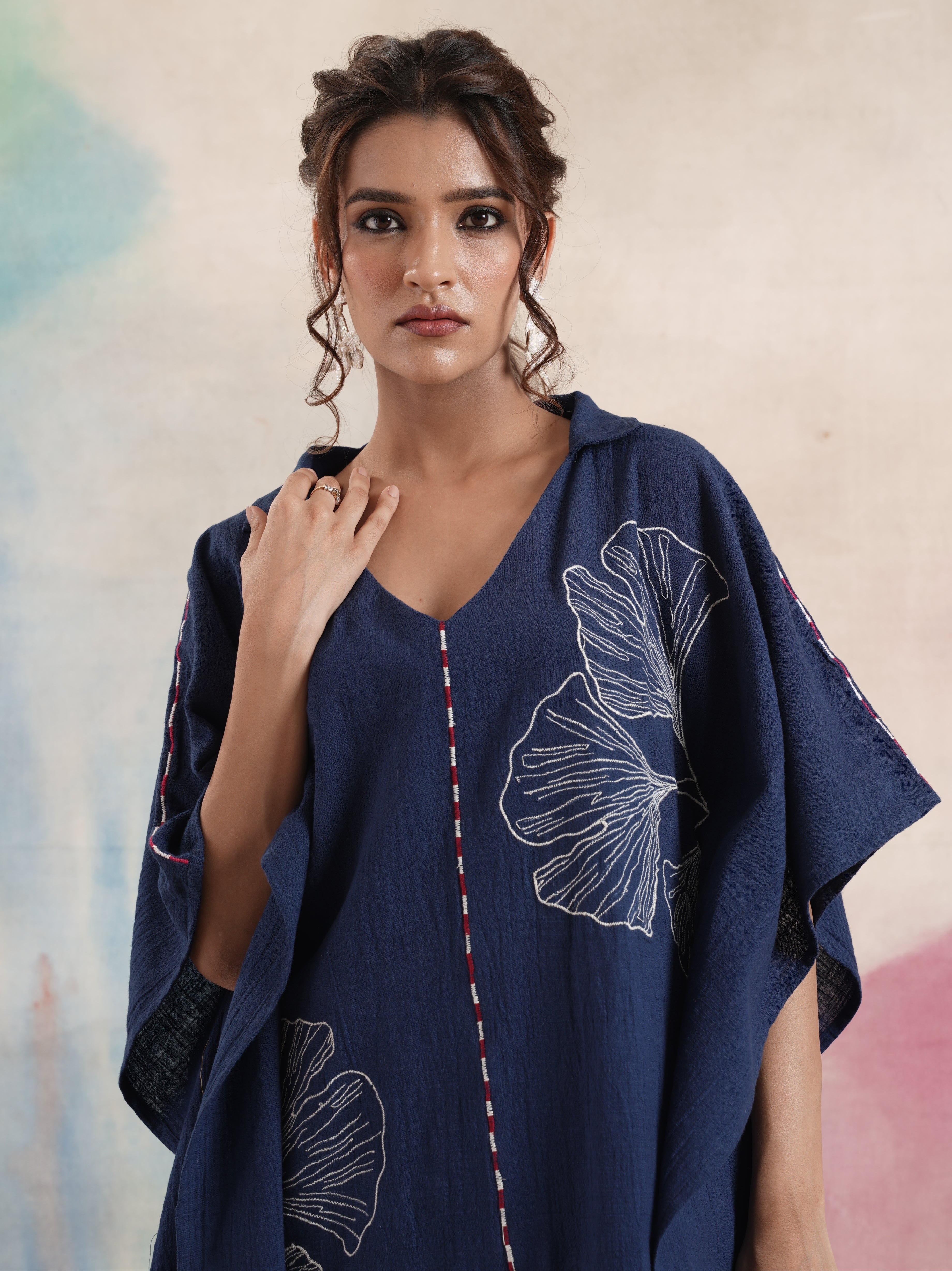Women's Navy Embroidered Kaftan Pant Set
