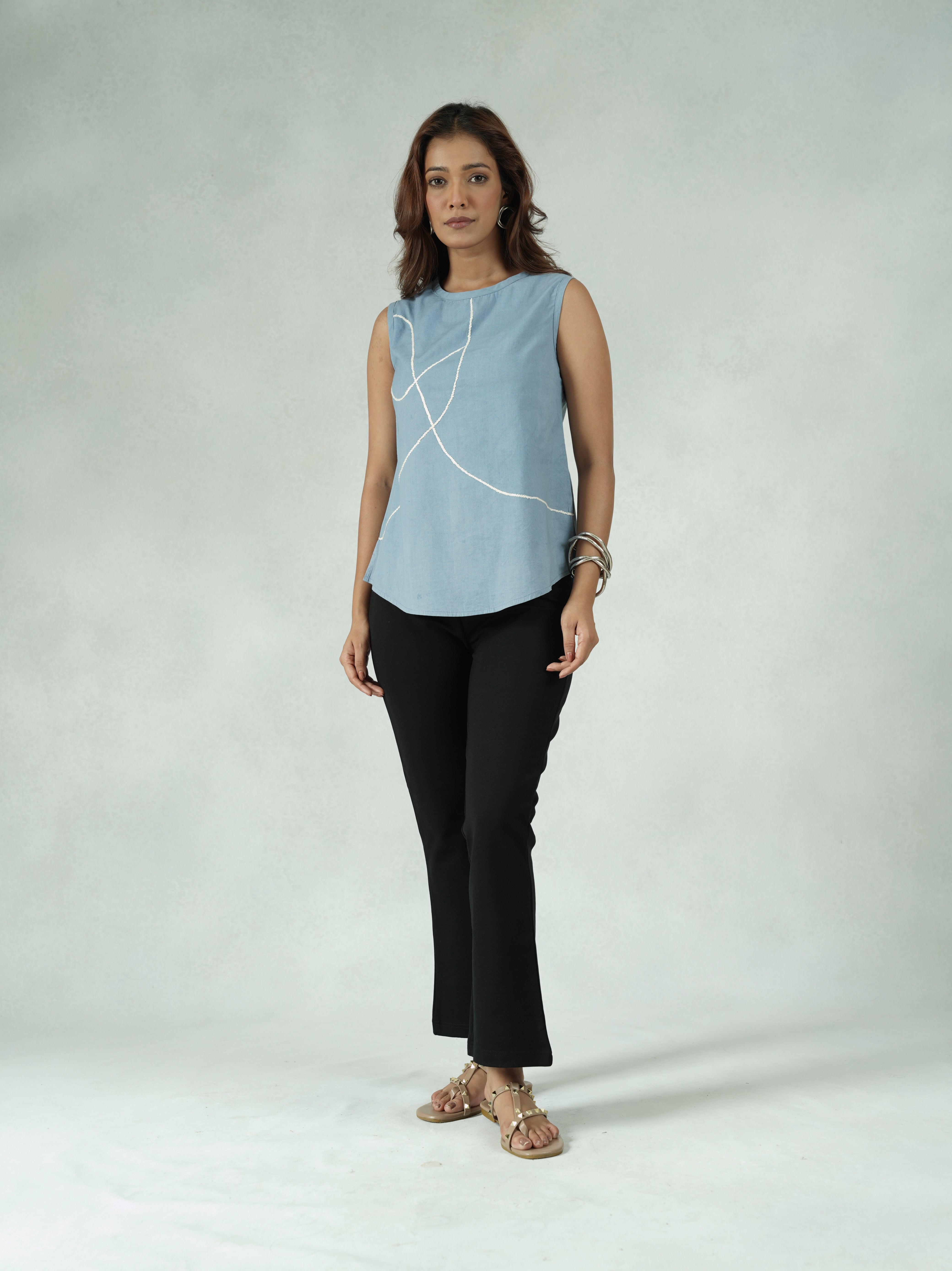 Women's Blue Sleeveless Cotton Linen Top