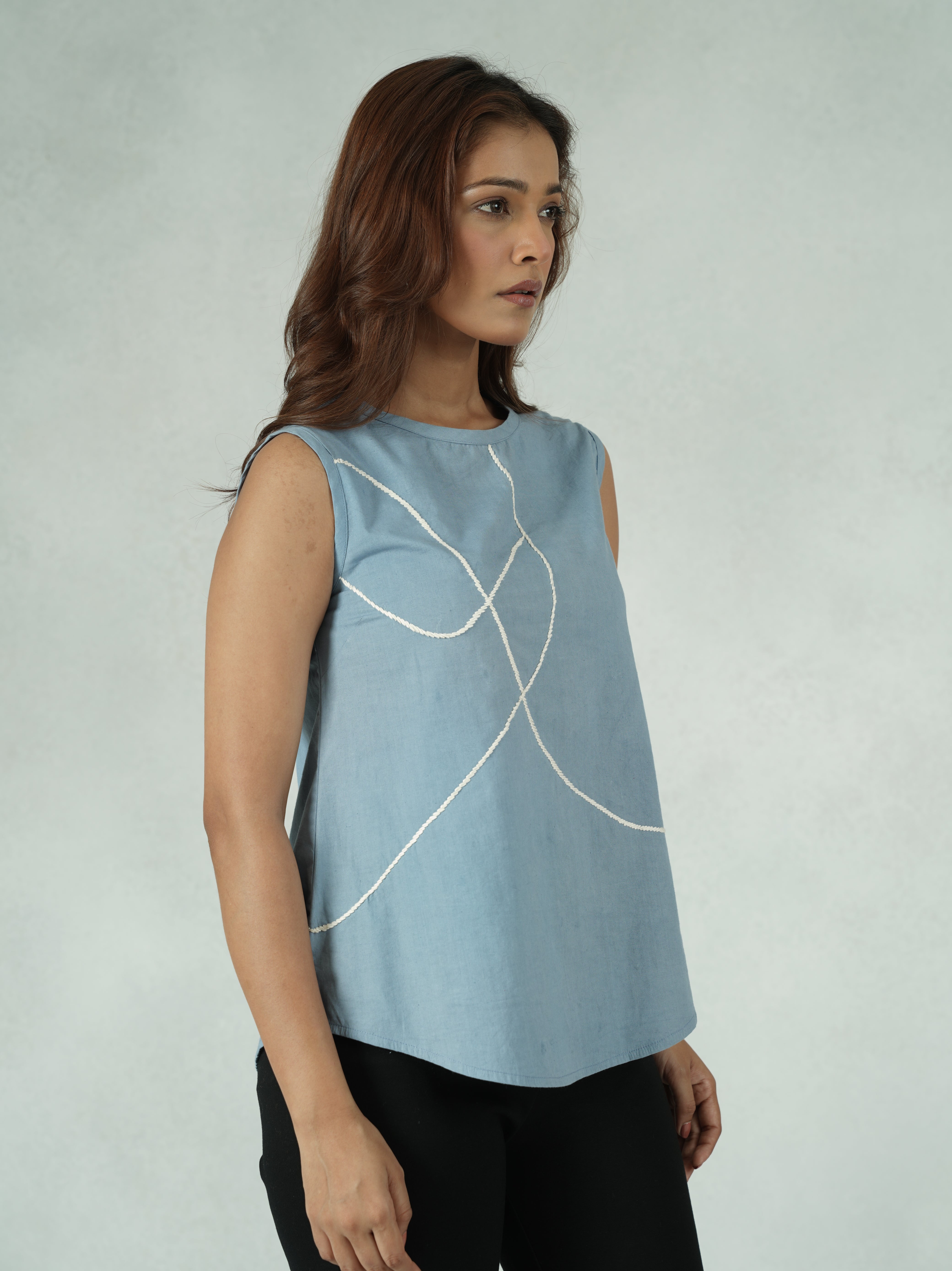 Women's Blue Sleeveless Cotton Linen Top