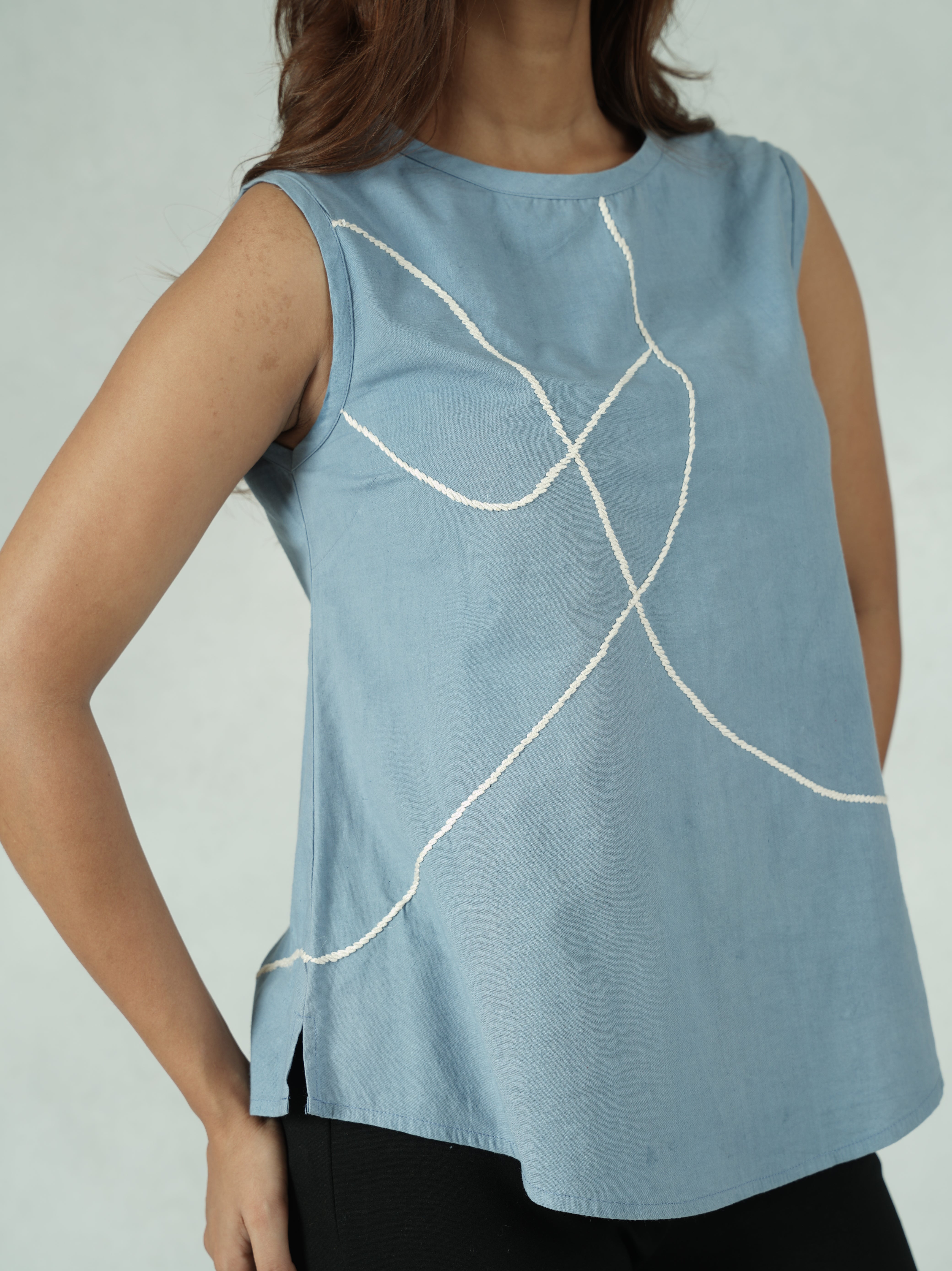 Women's Blue Sleeveless Cotton Linen Top