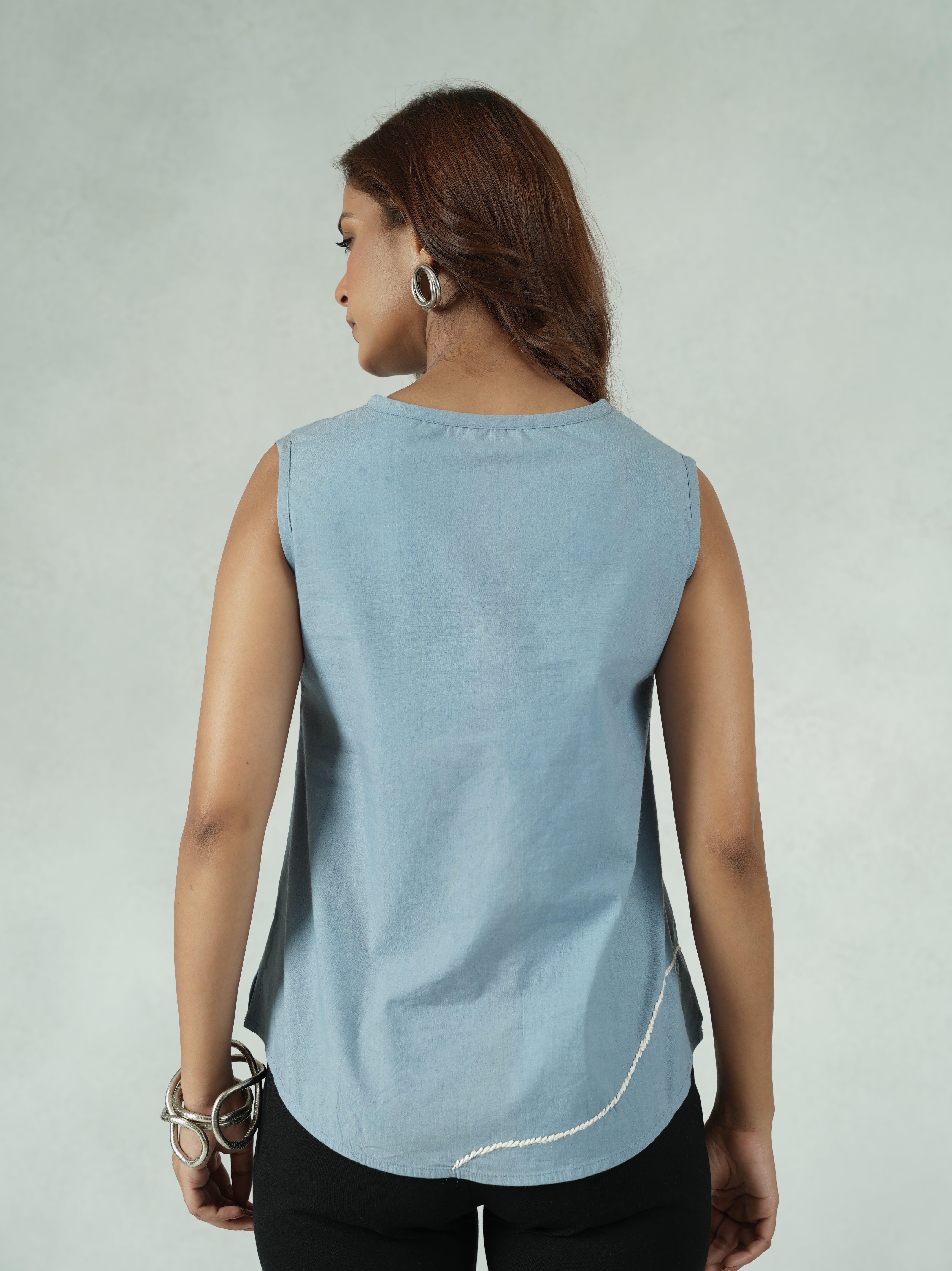 Women's Blue Sleeveless Cotton Linen Top