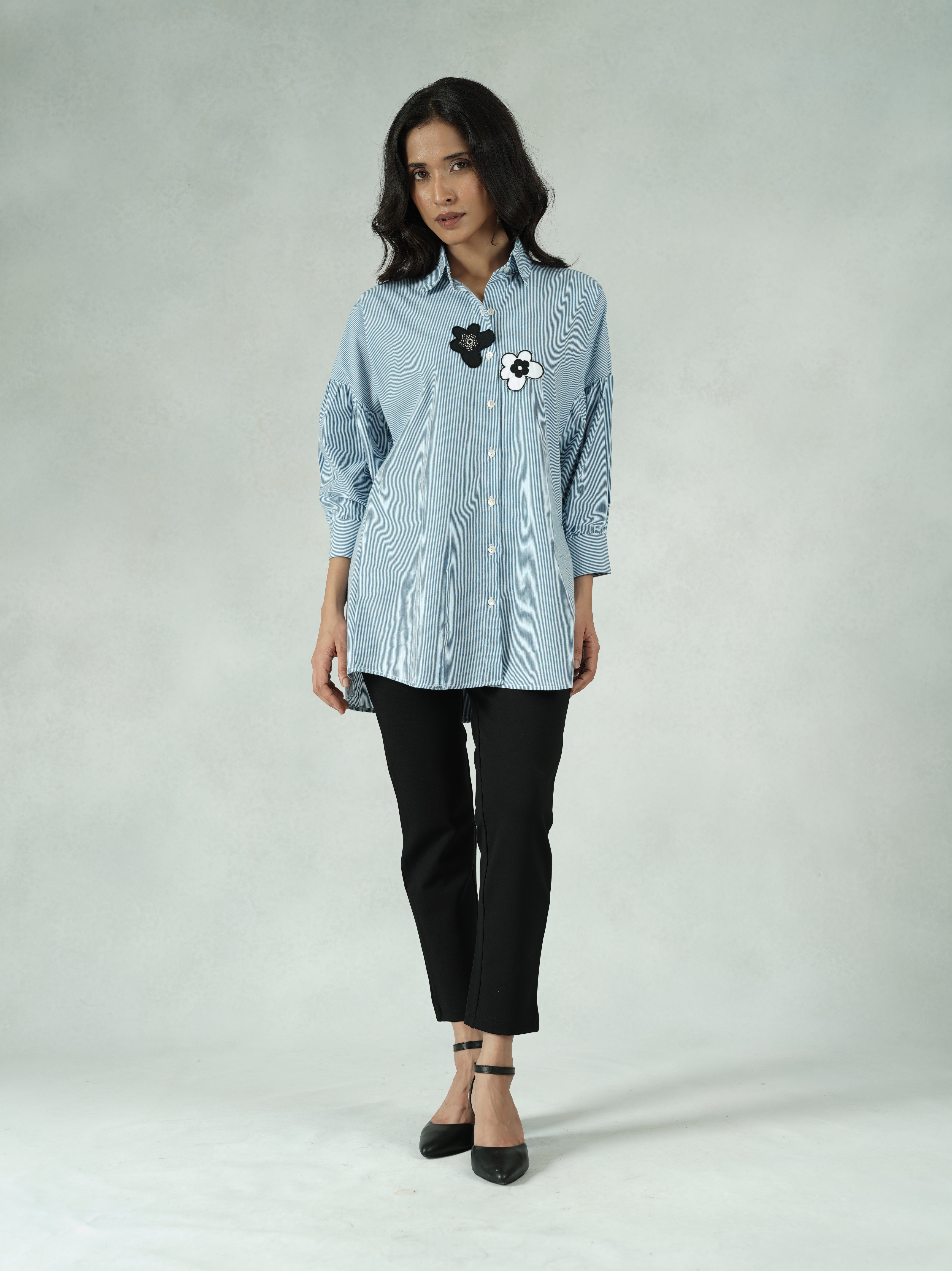 Floral Embroidered Striped Shirt with Open Back