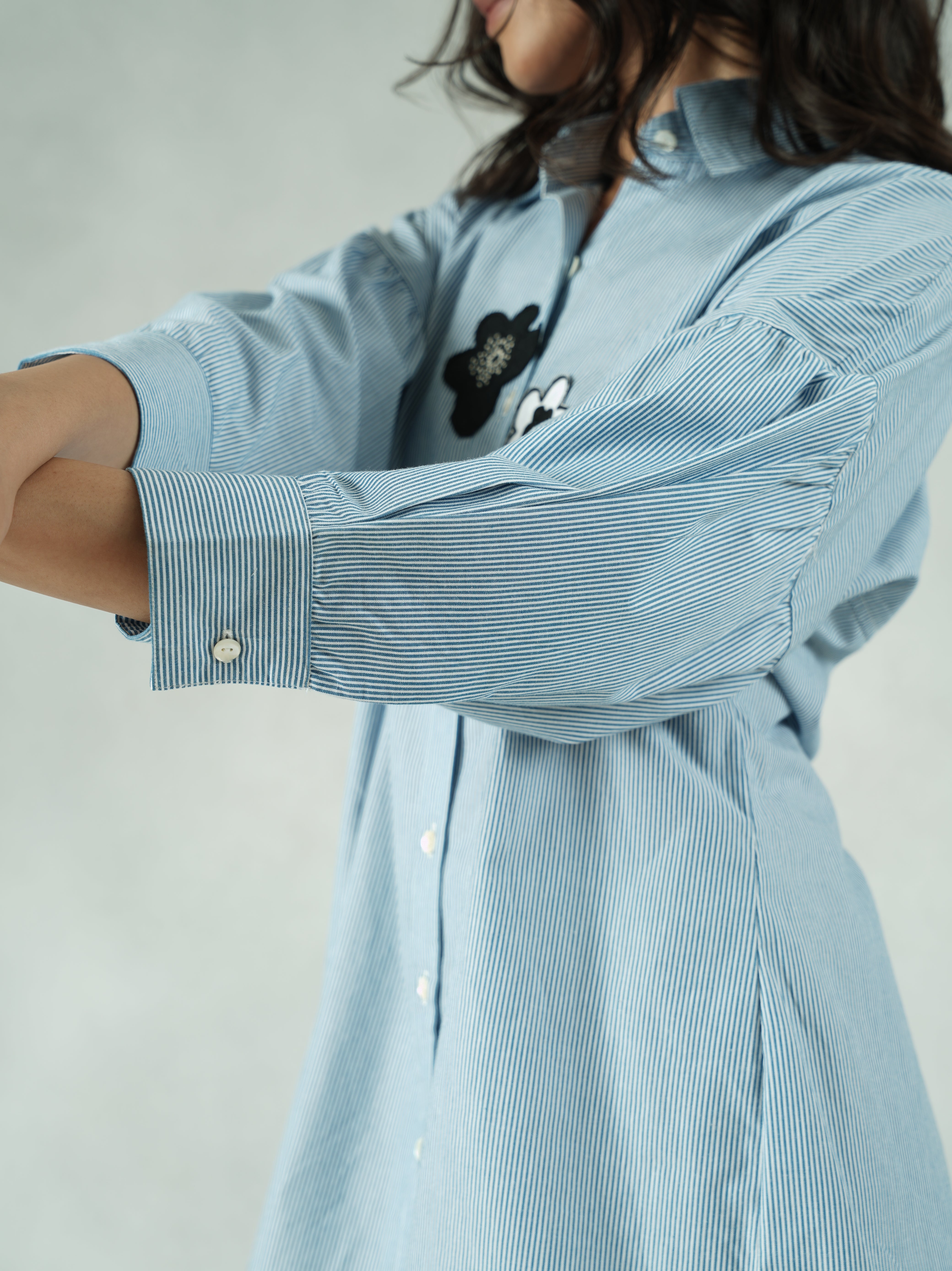 Floral Embroidered Striped Shirt with Open Back