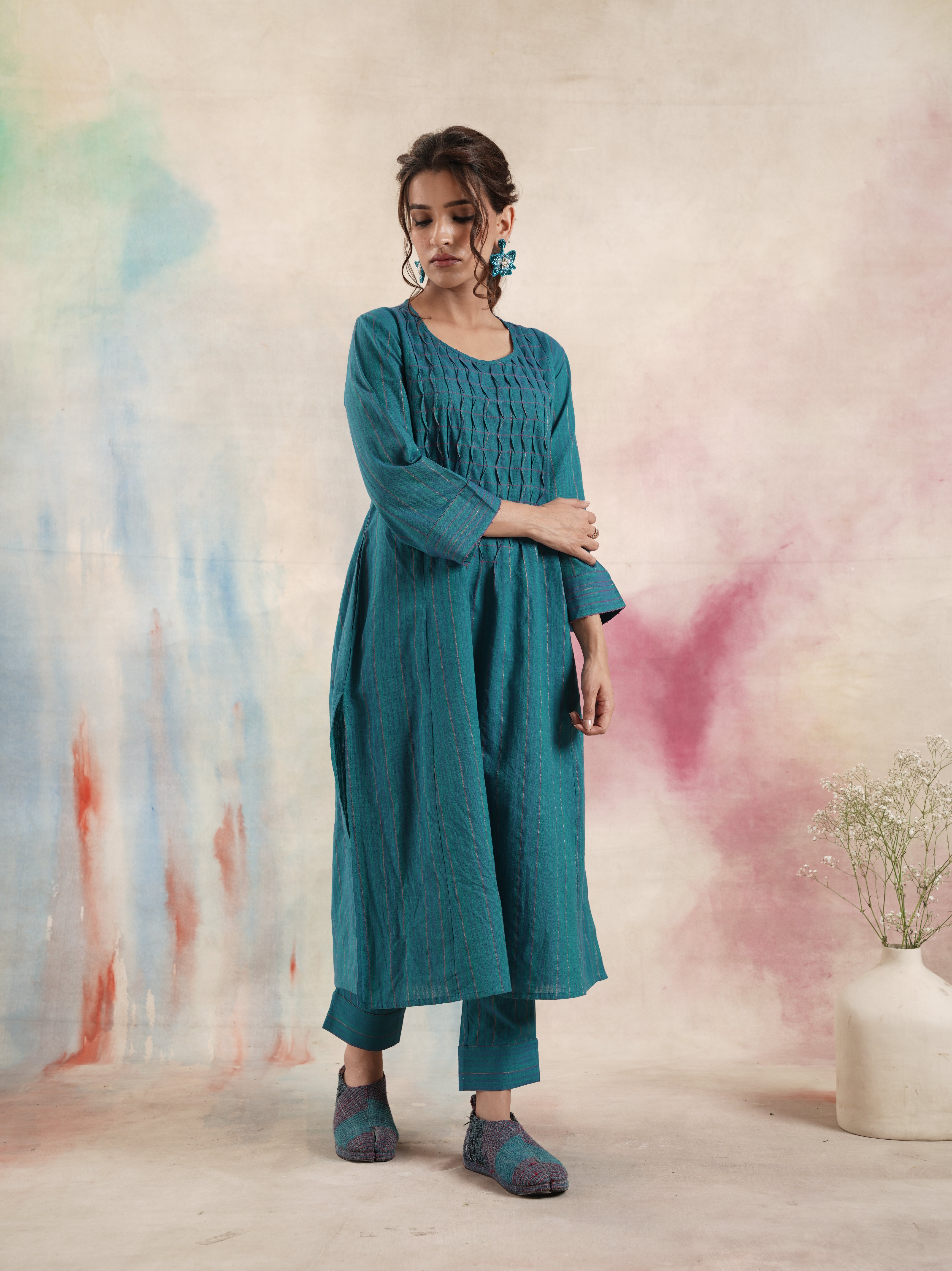 Women's Teal Ruching Kurta Set