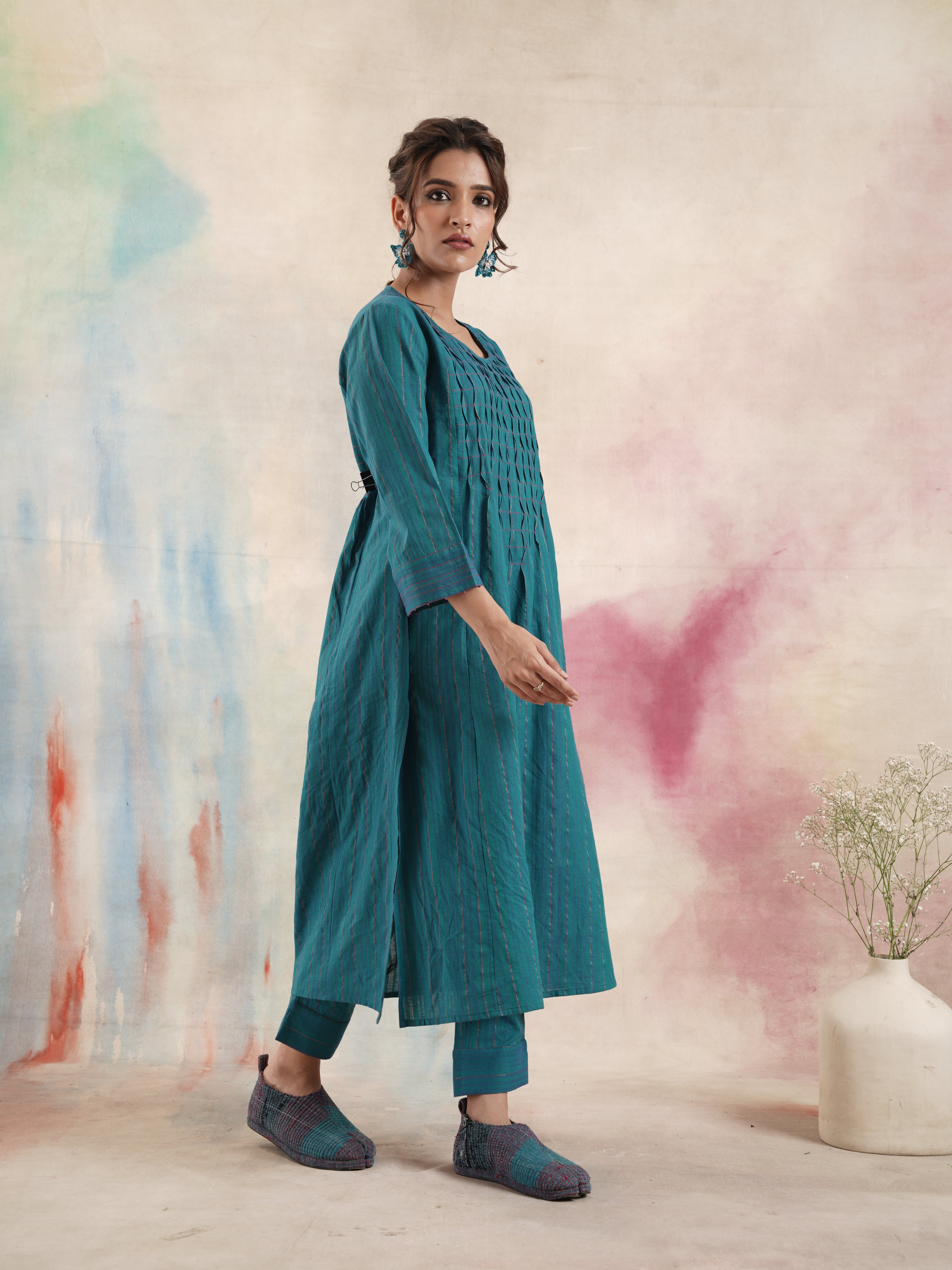 Women's Teal Ruching Kurta Set