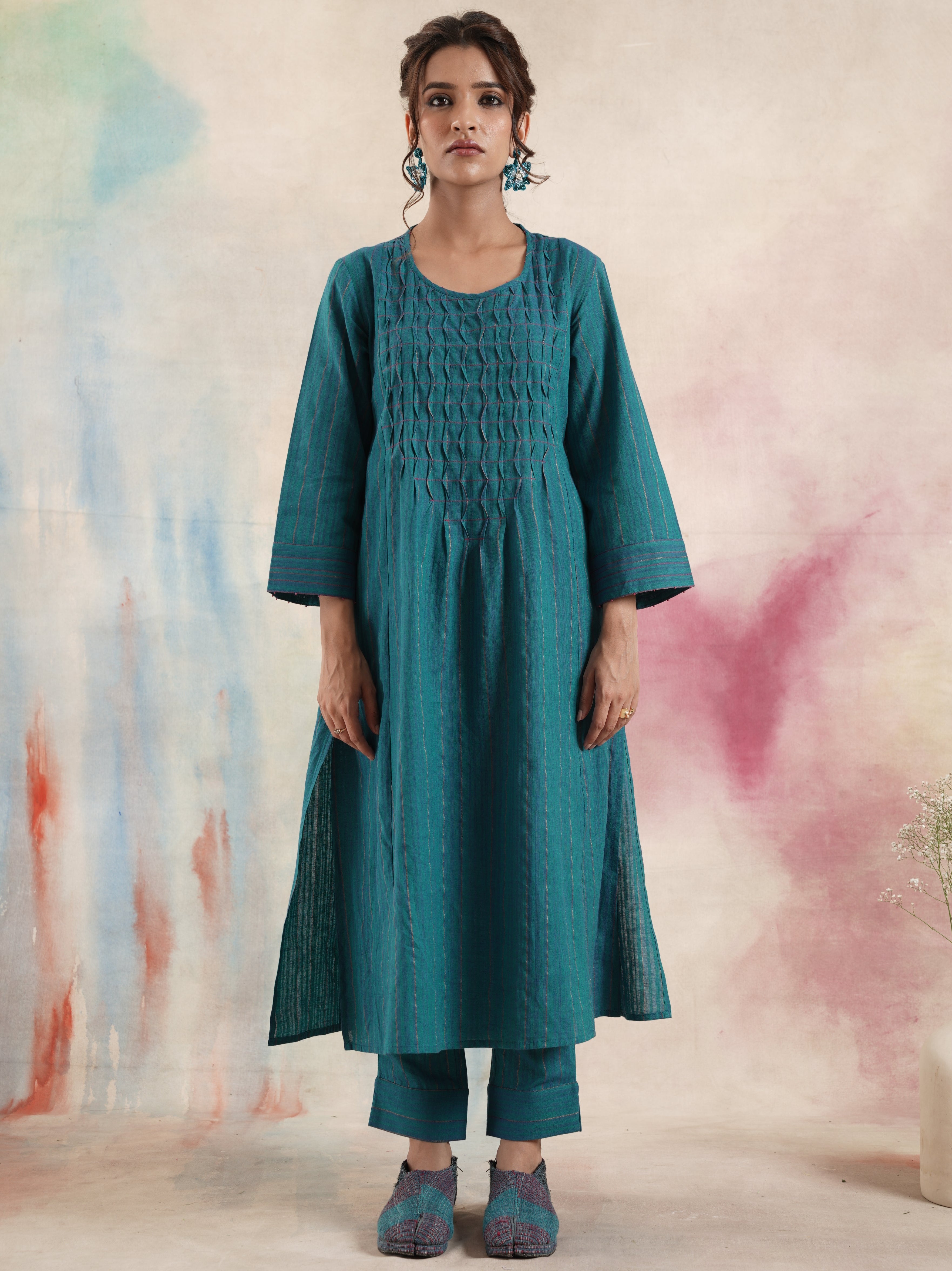 Women's Teal Ruching Kurta Set