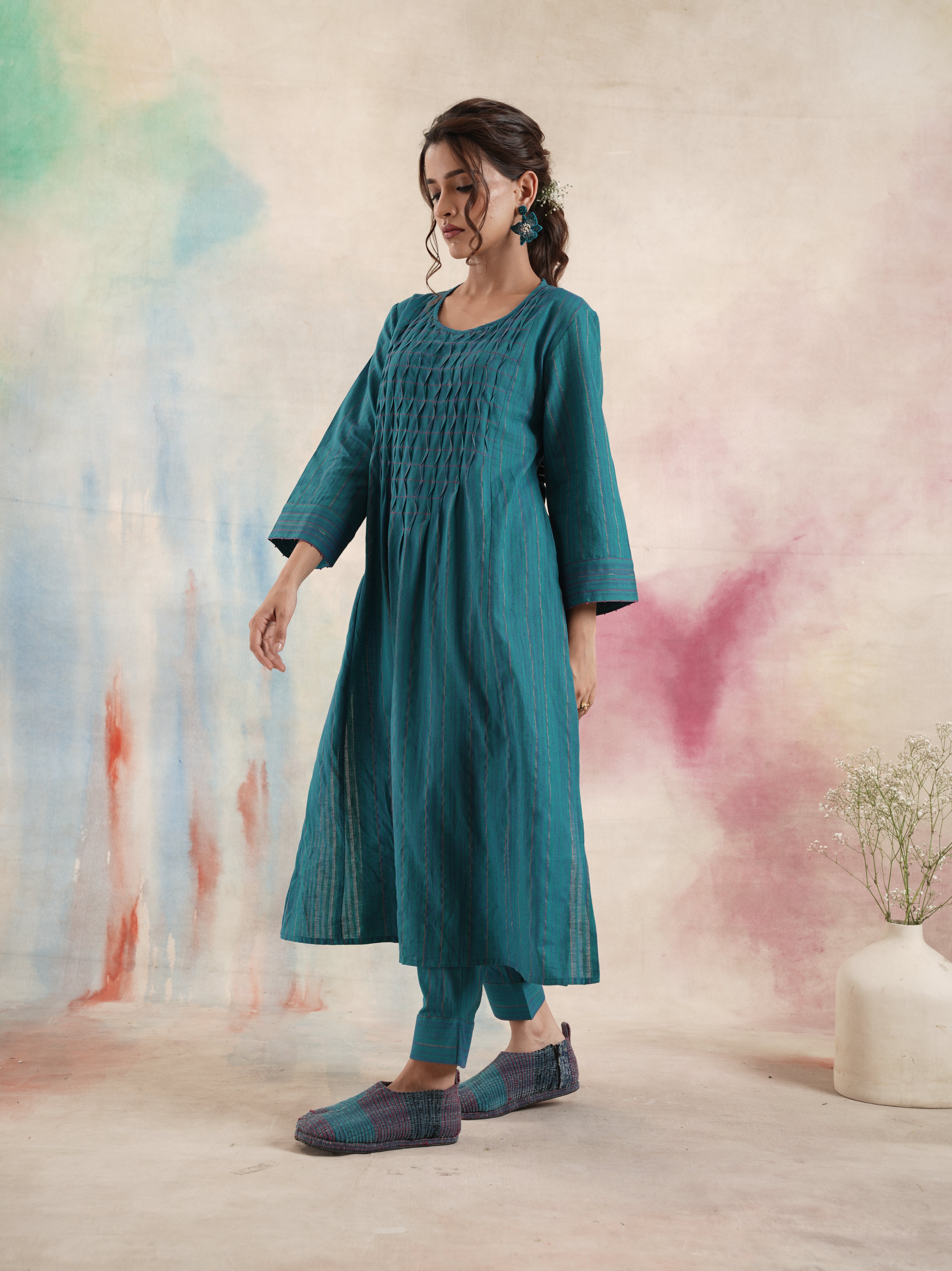 Women's Teal Ruching Kurta Set