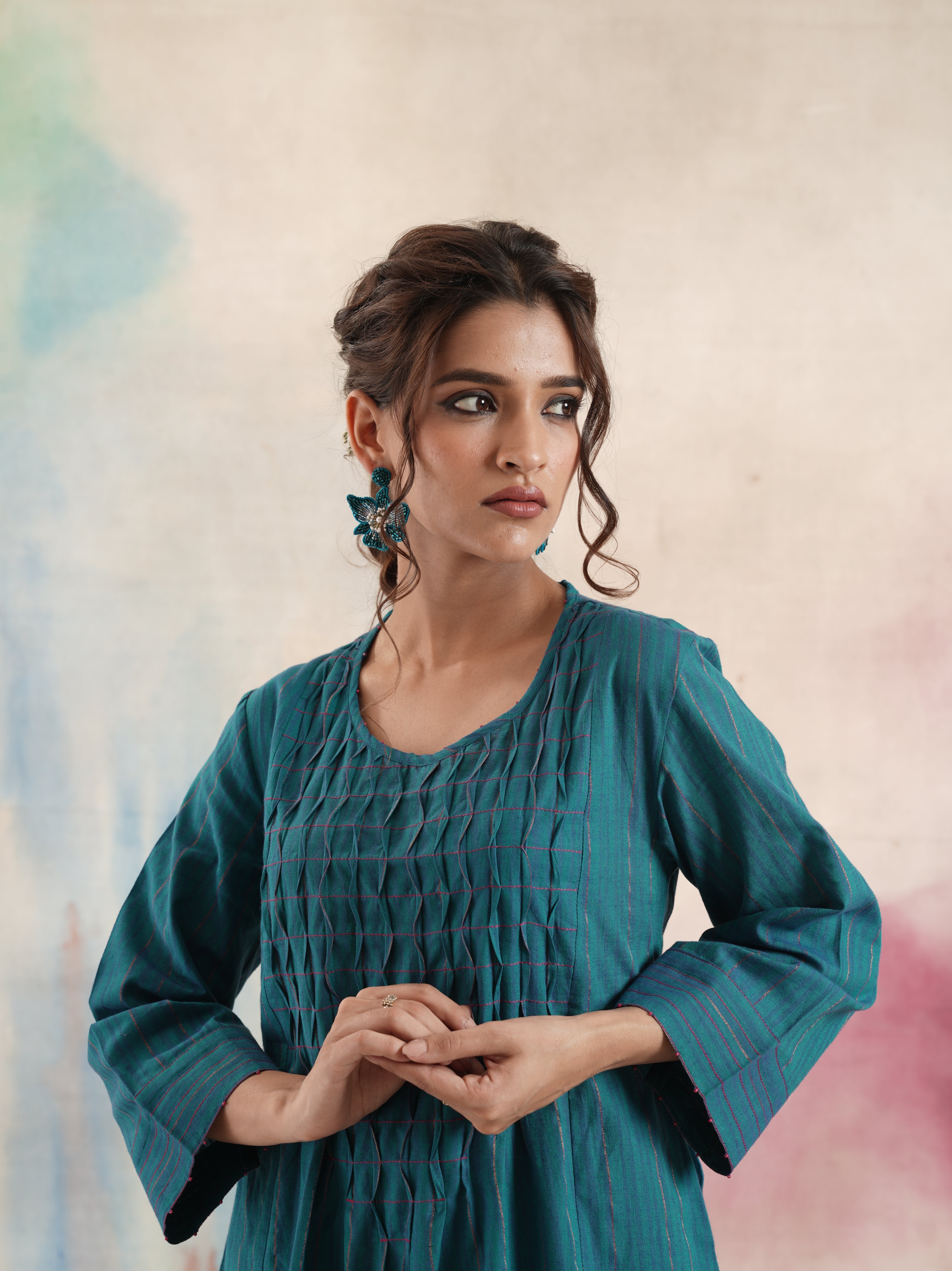 Women's Teal Ruching Kurta Set