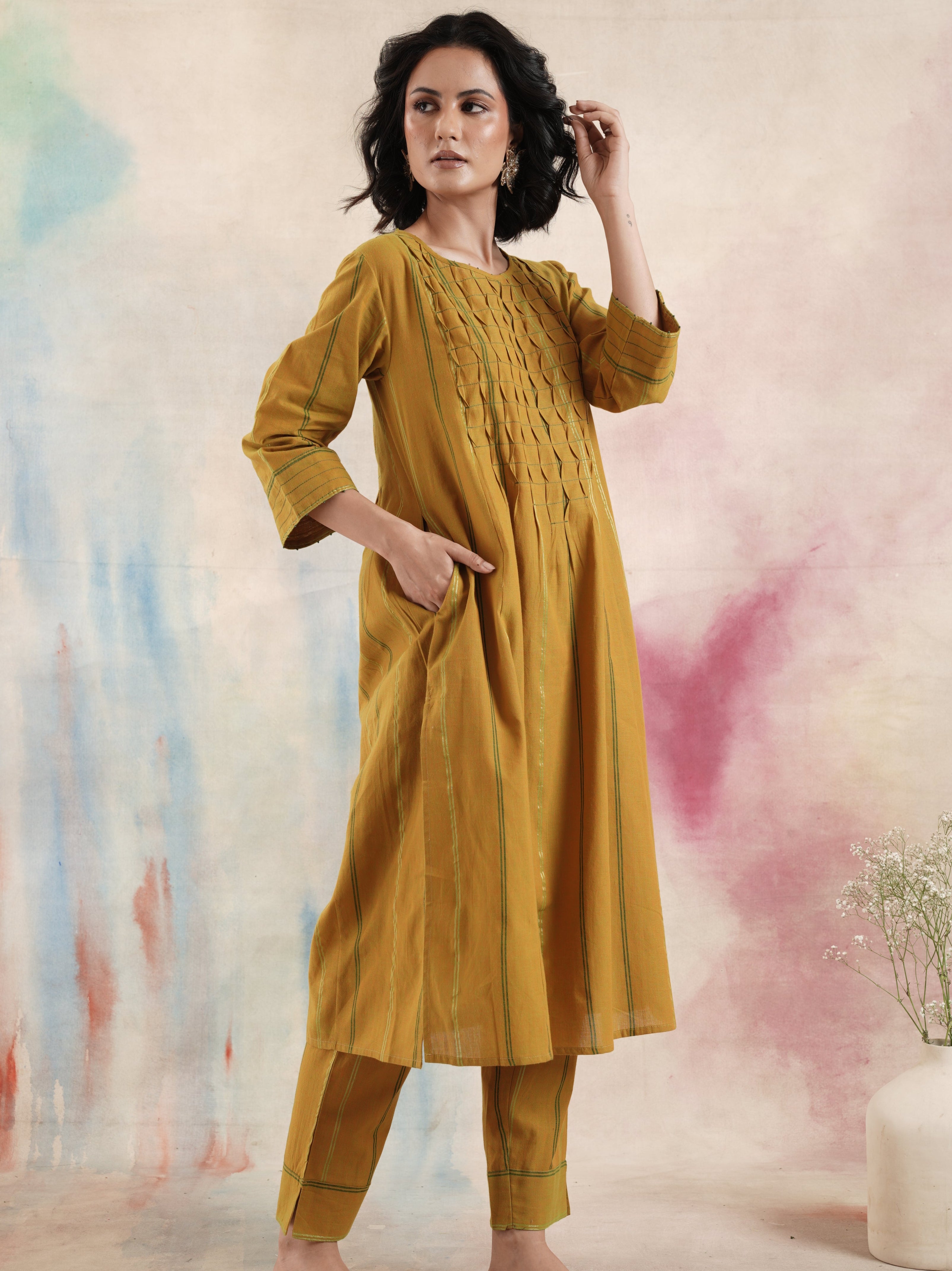Women's Mustard Ruching Kurta Set