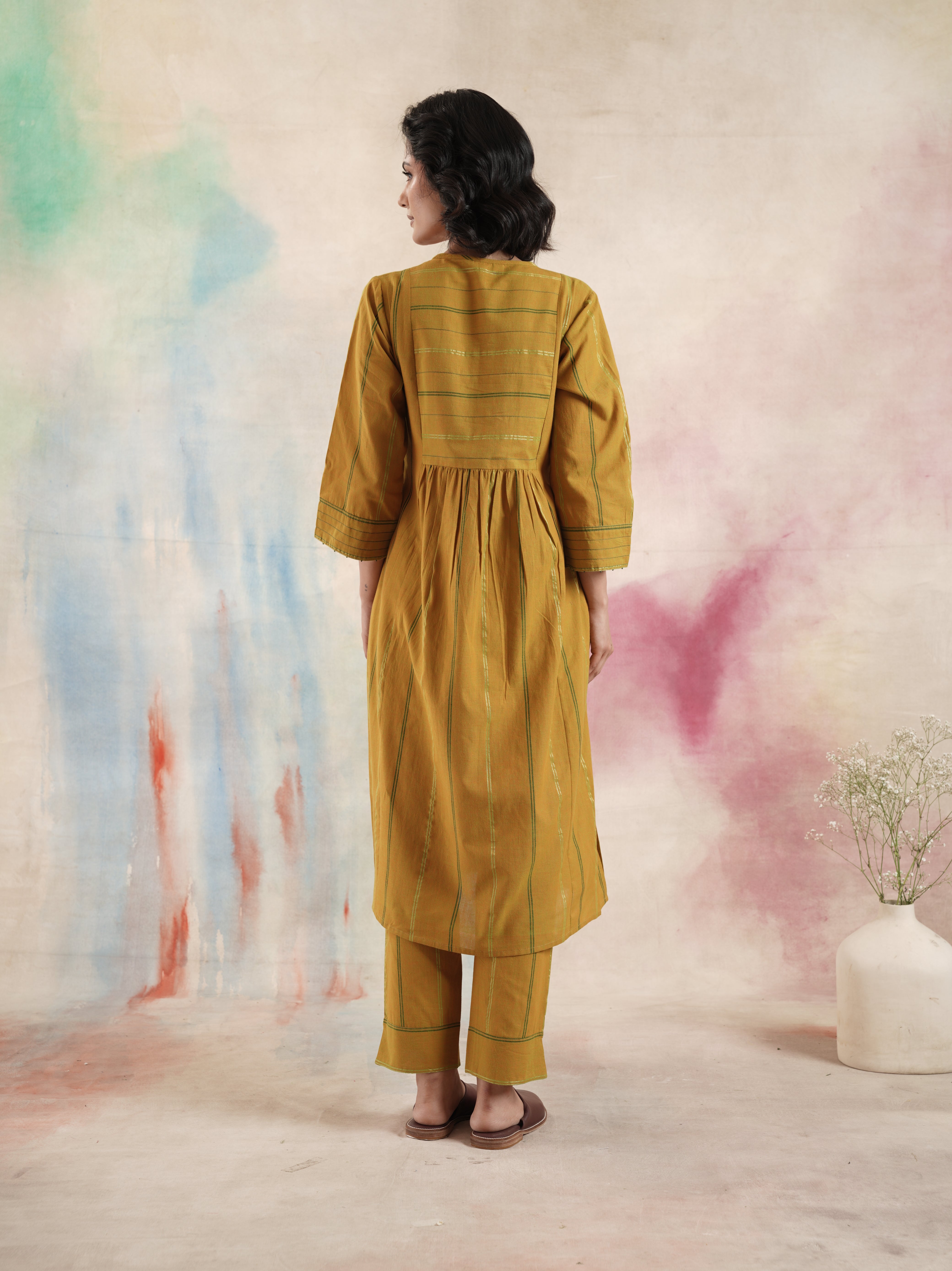 Women's Mustard Ruching Kurta Set