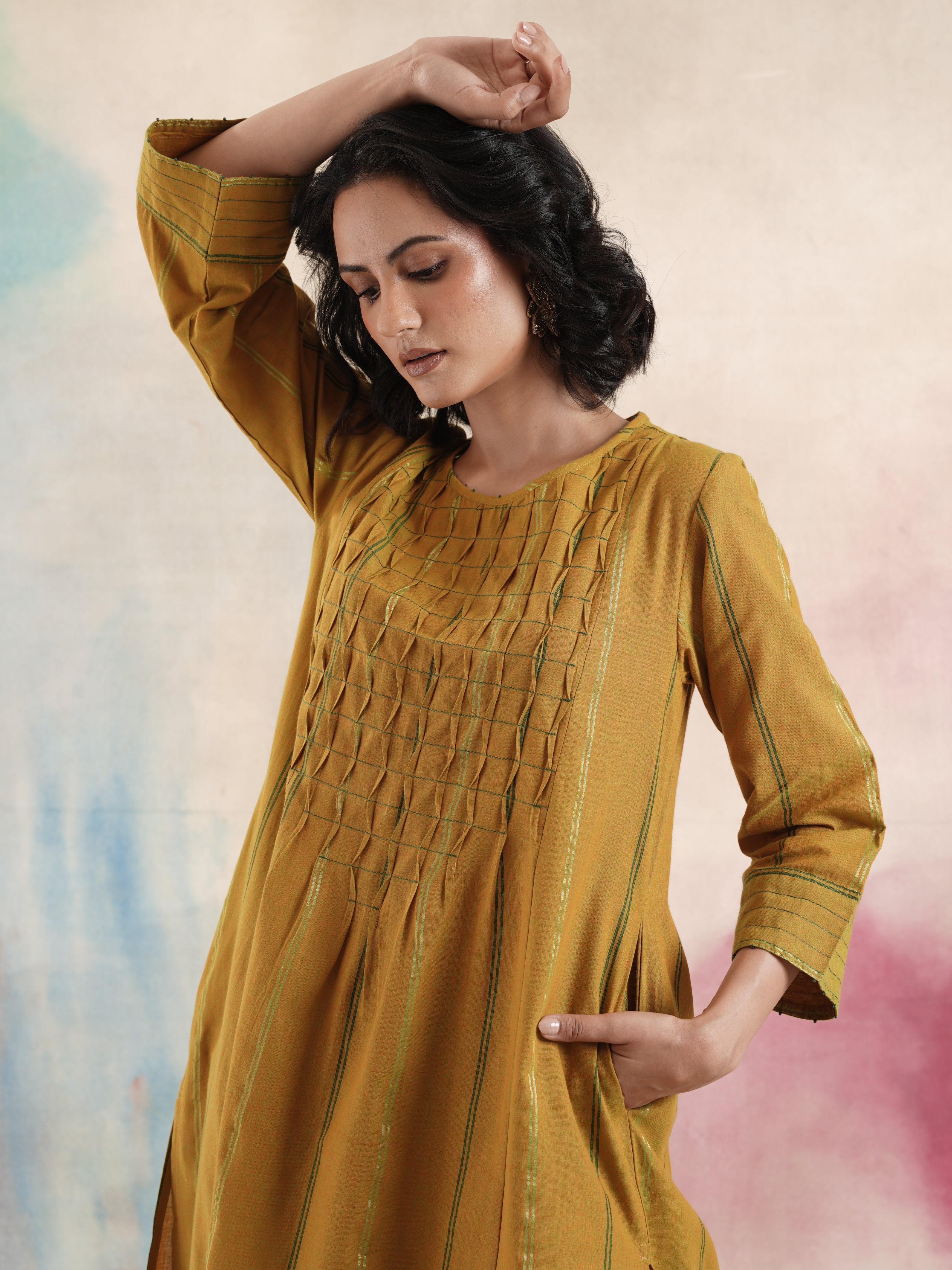Women's Mustard Ruching Kurta Set