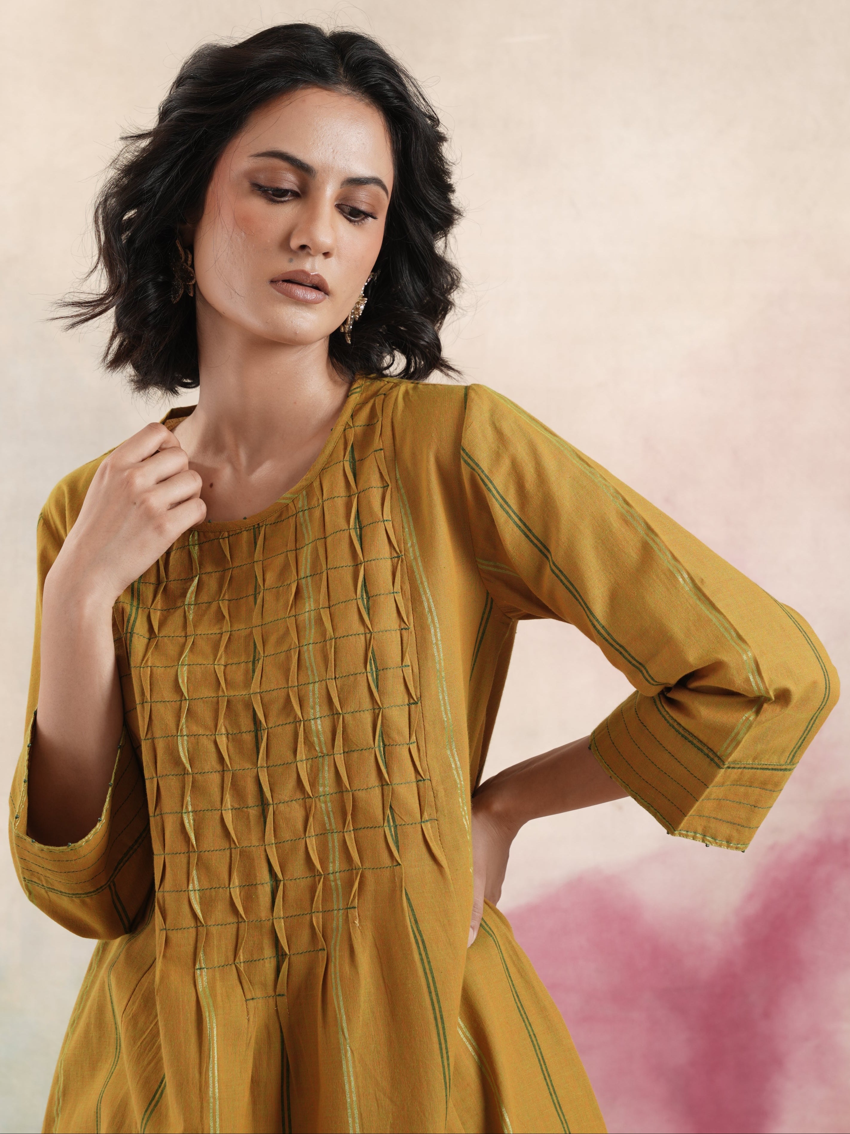 Women's Mustard Ruching Kurta Set