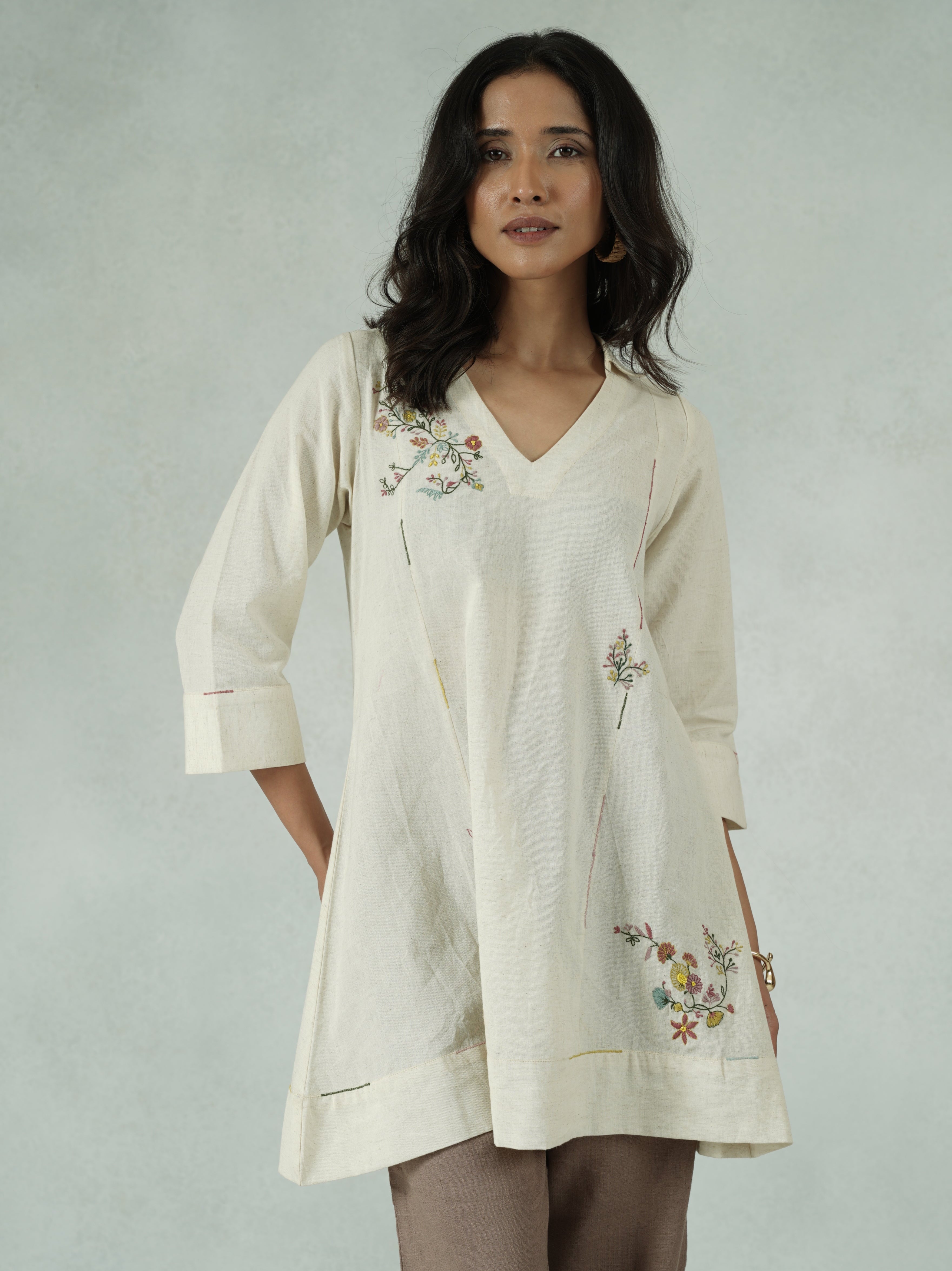 Off-White Pure Cotton Tunic with Floral Embroidery