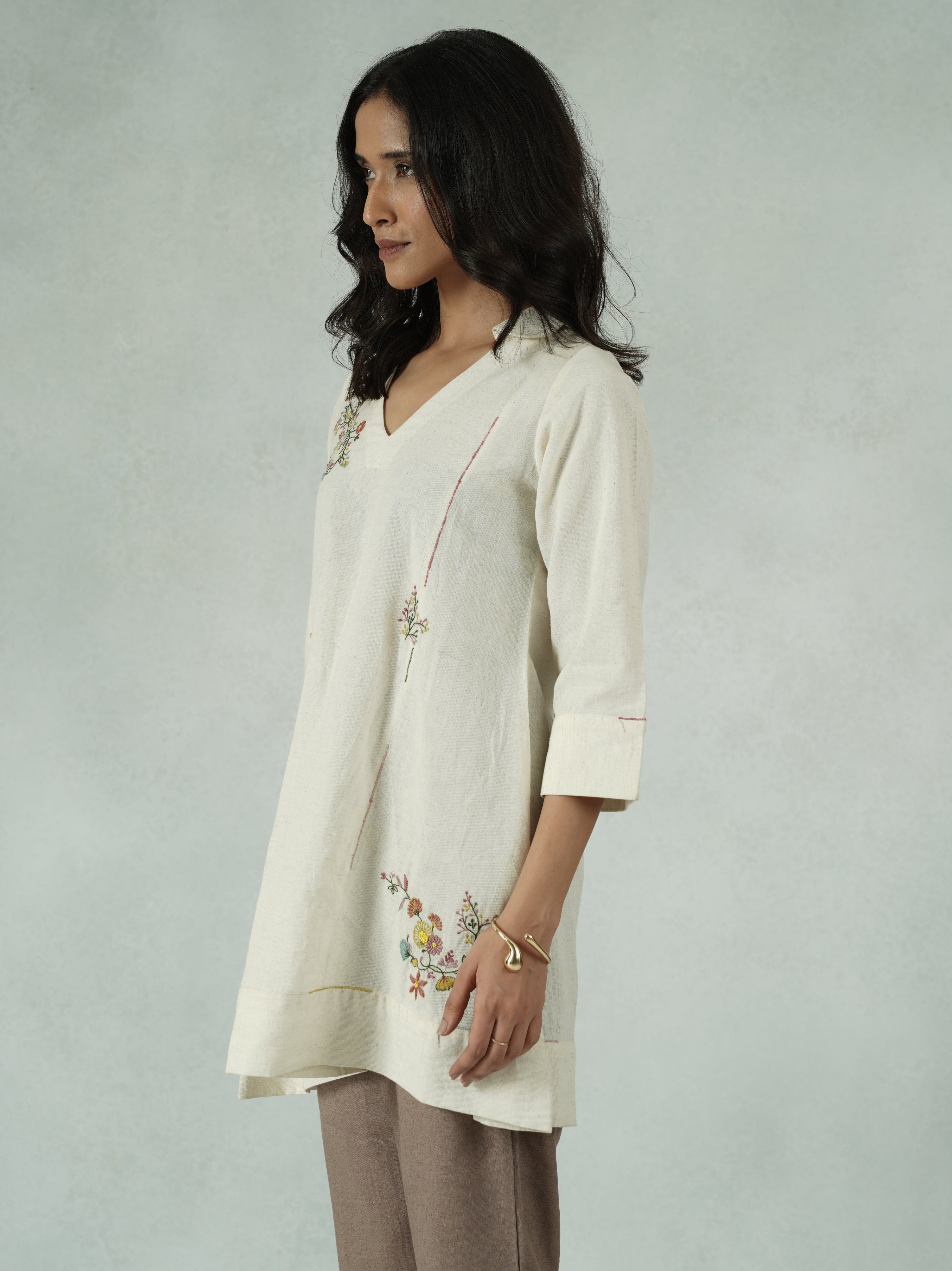 Off-White Pure Cotton Tunic with Floral Embroidery