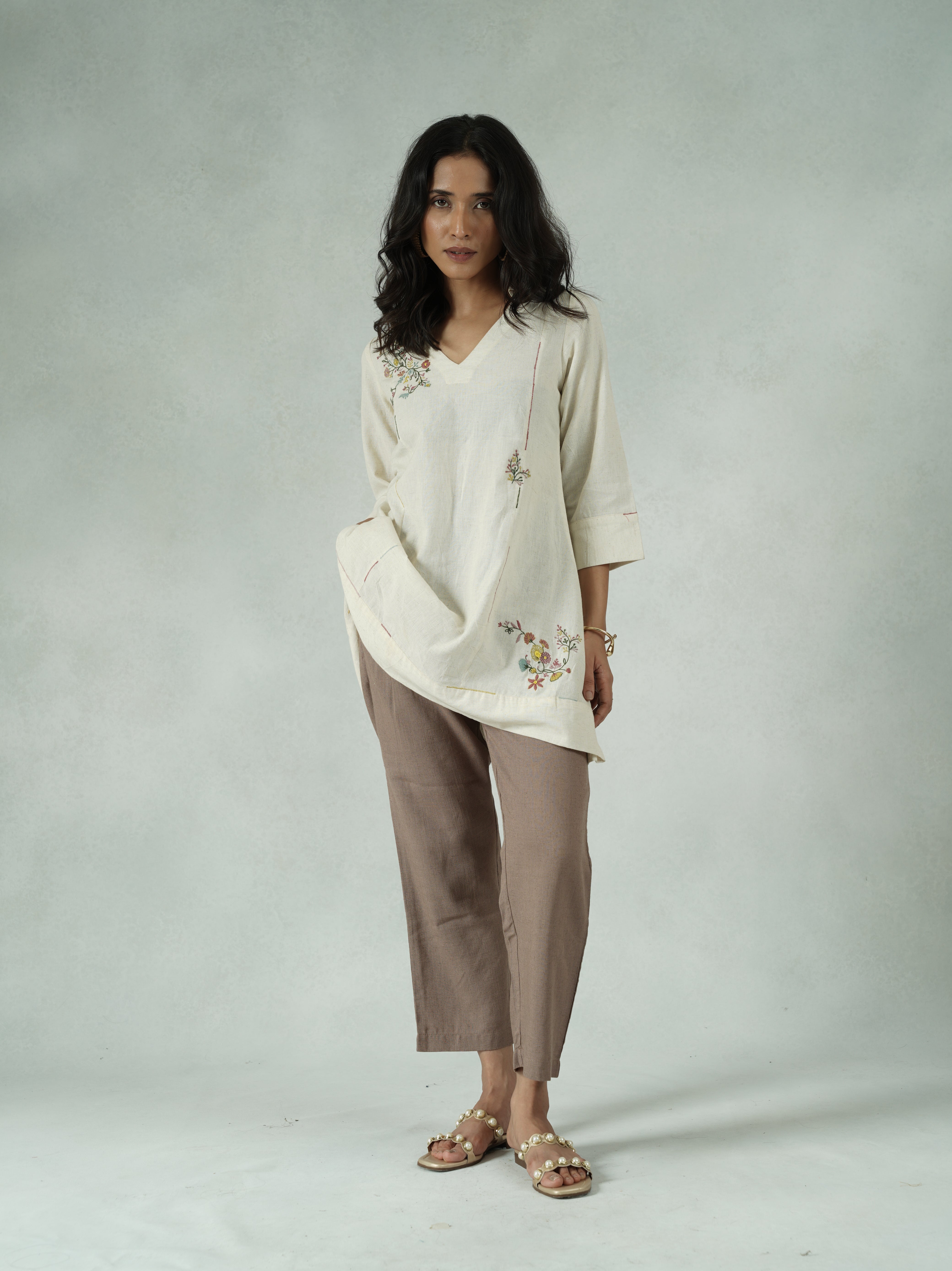 Off-White Pure Cotton Tunic with Floral Embroidery