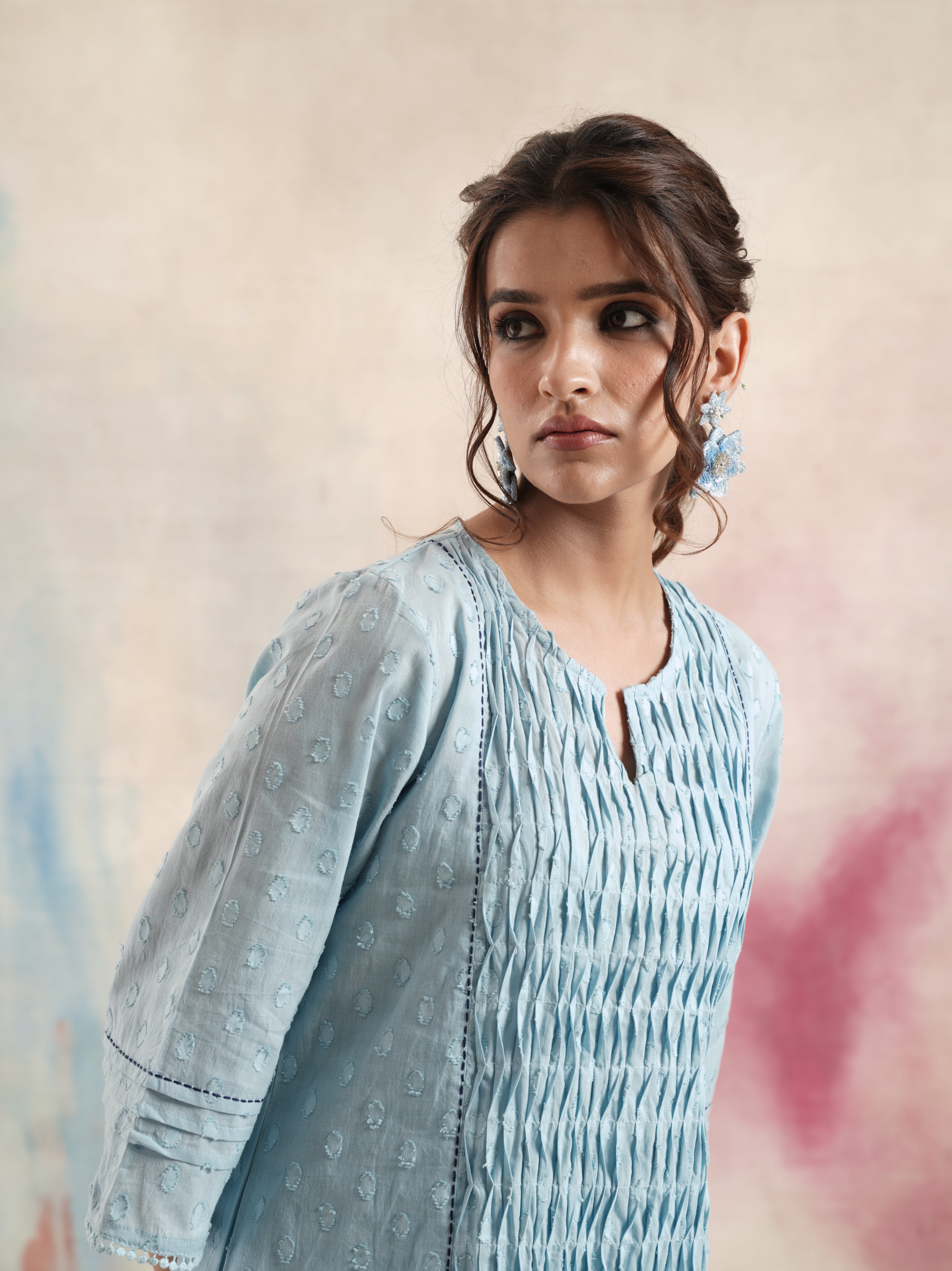 Women's Blue Ruching Kurta Set