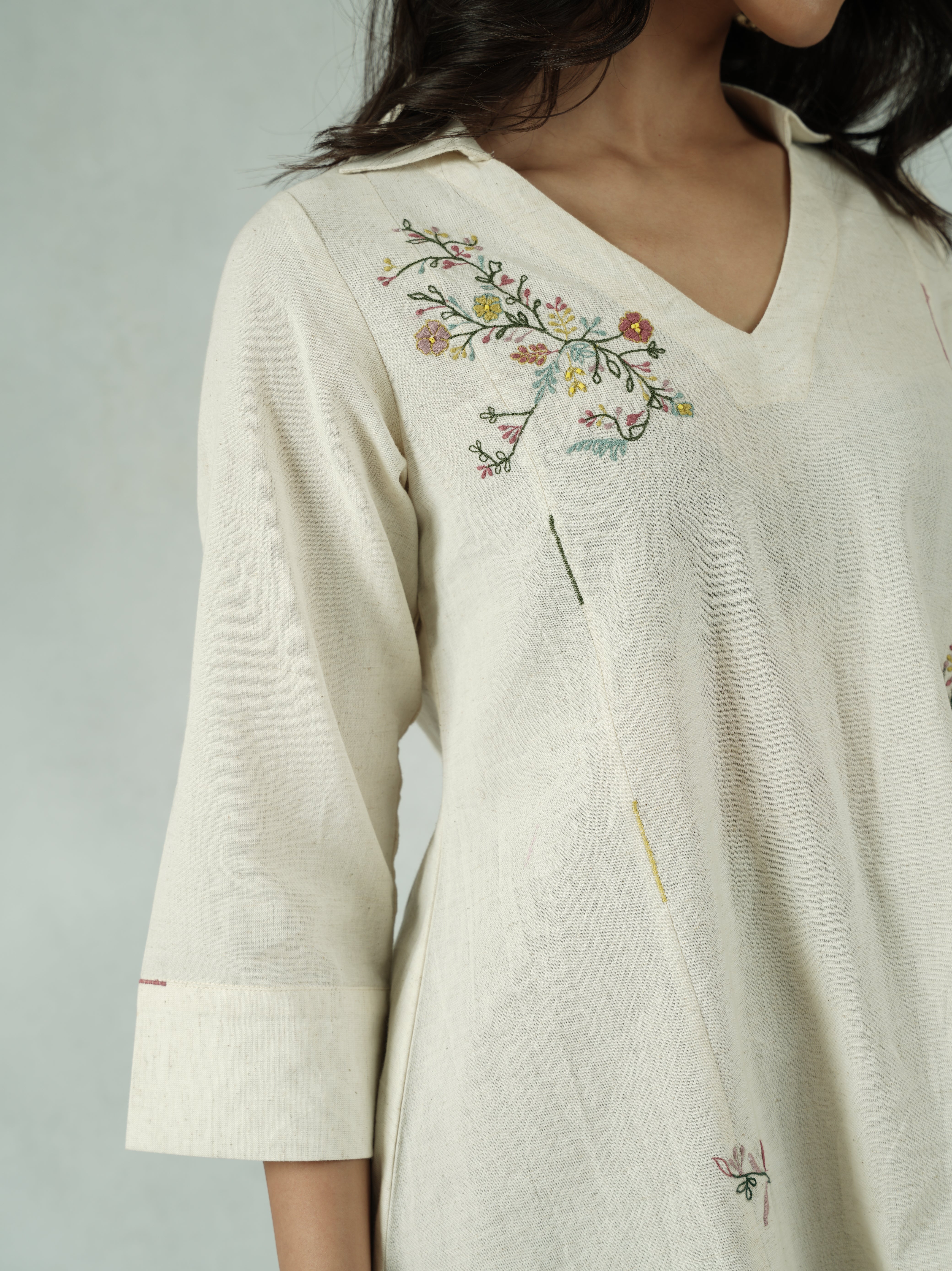 Off-White Pure Cotton Tunic with Floral Embroidery