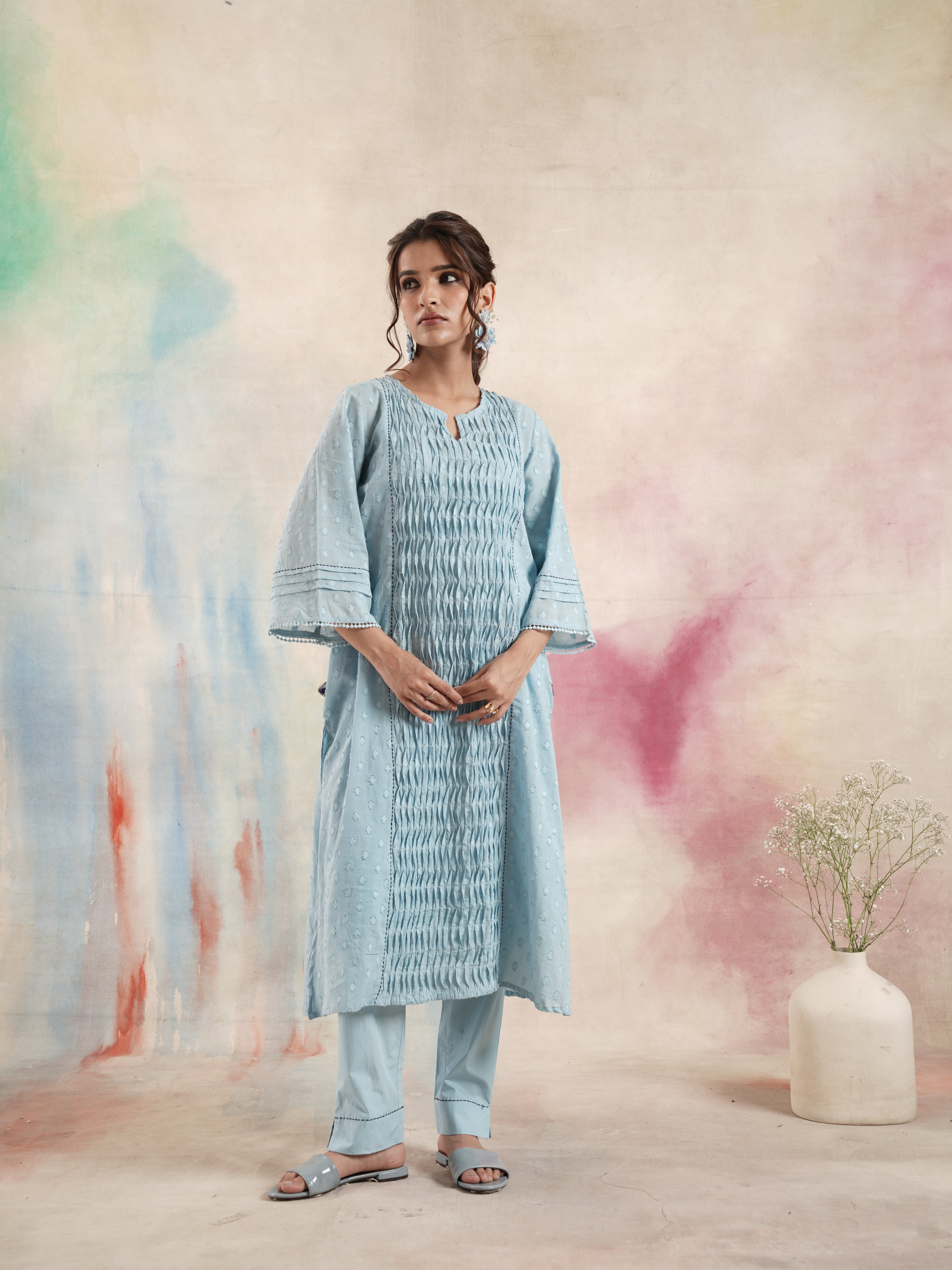Women's Blue Ruching Kurta Set