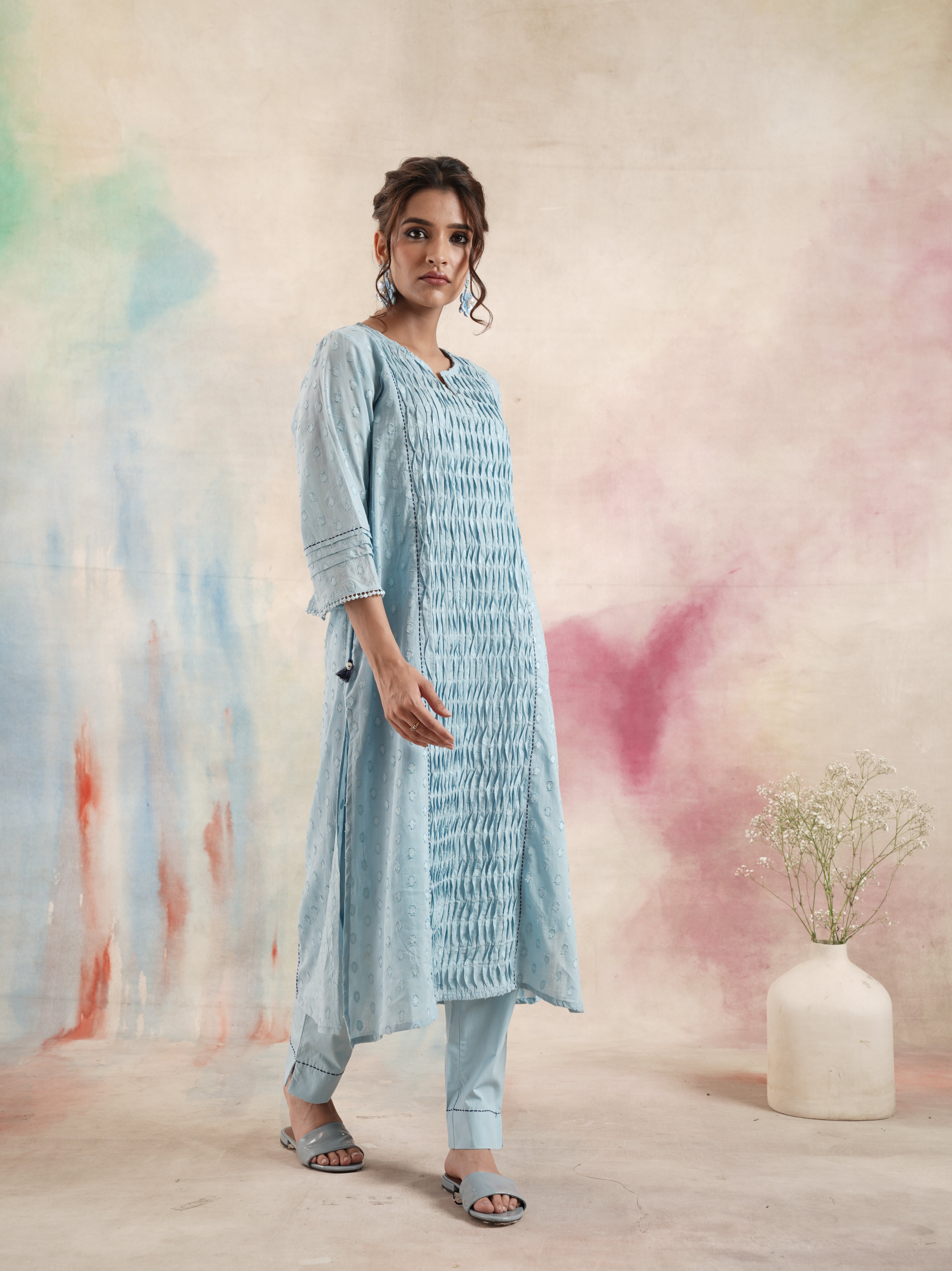 Women's Blue Ruching Kurta Set