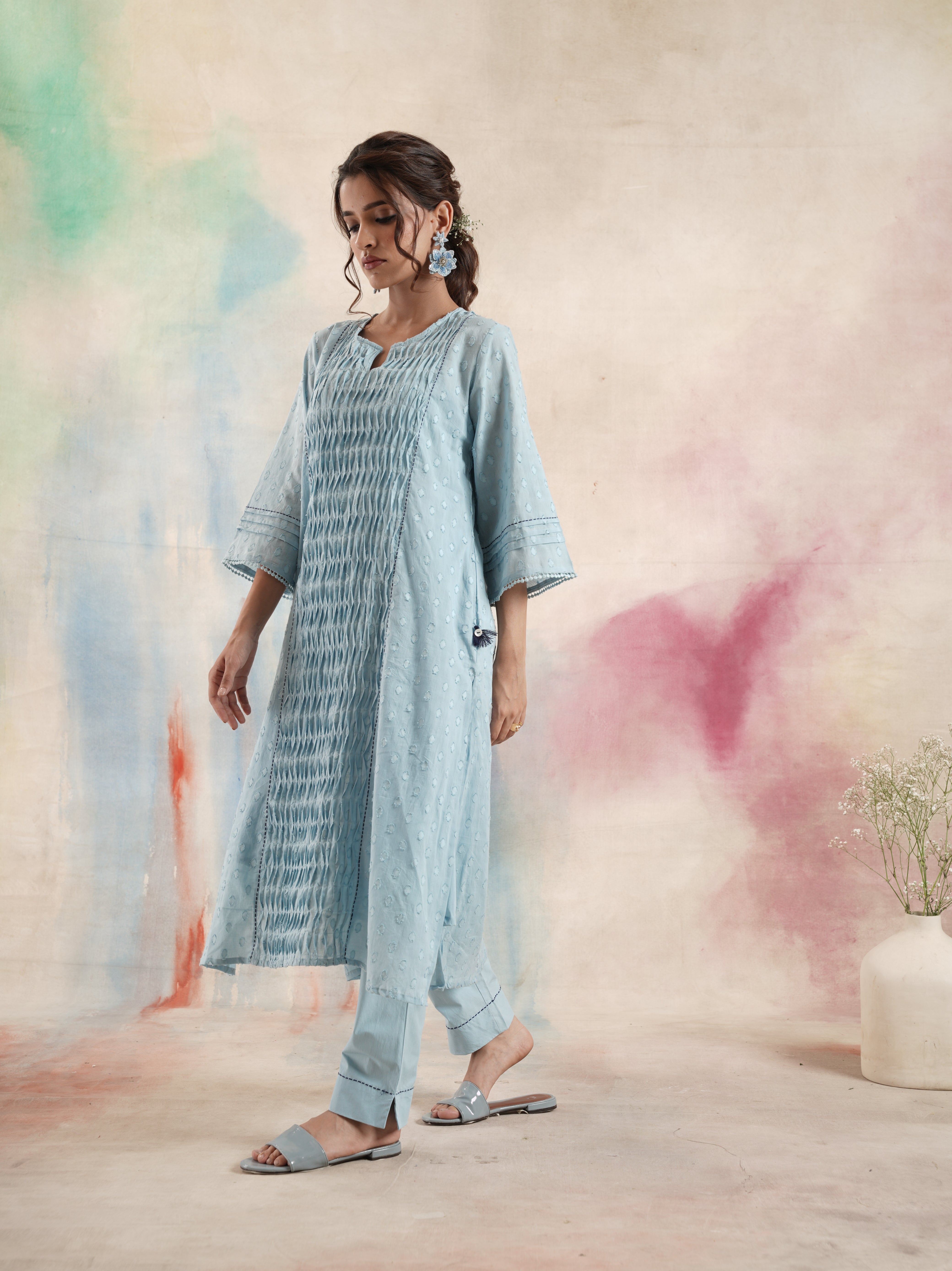 Women's Blue Ruching Kurta Set