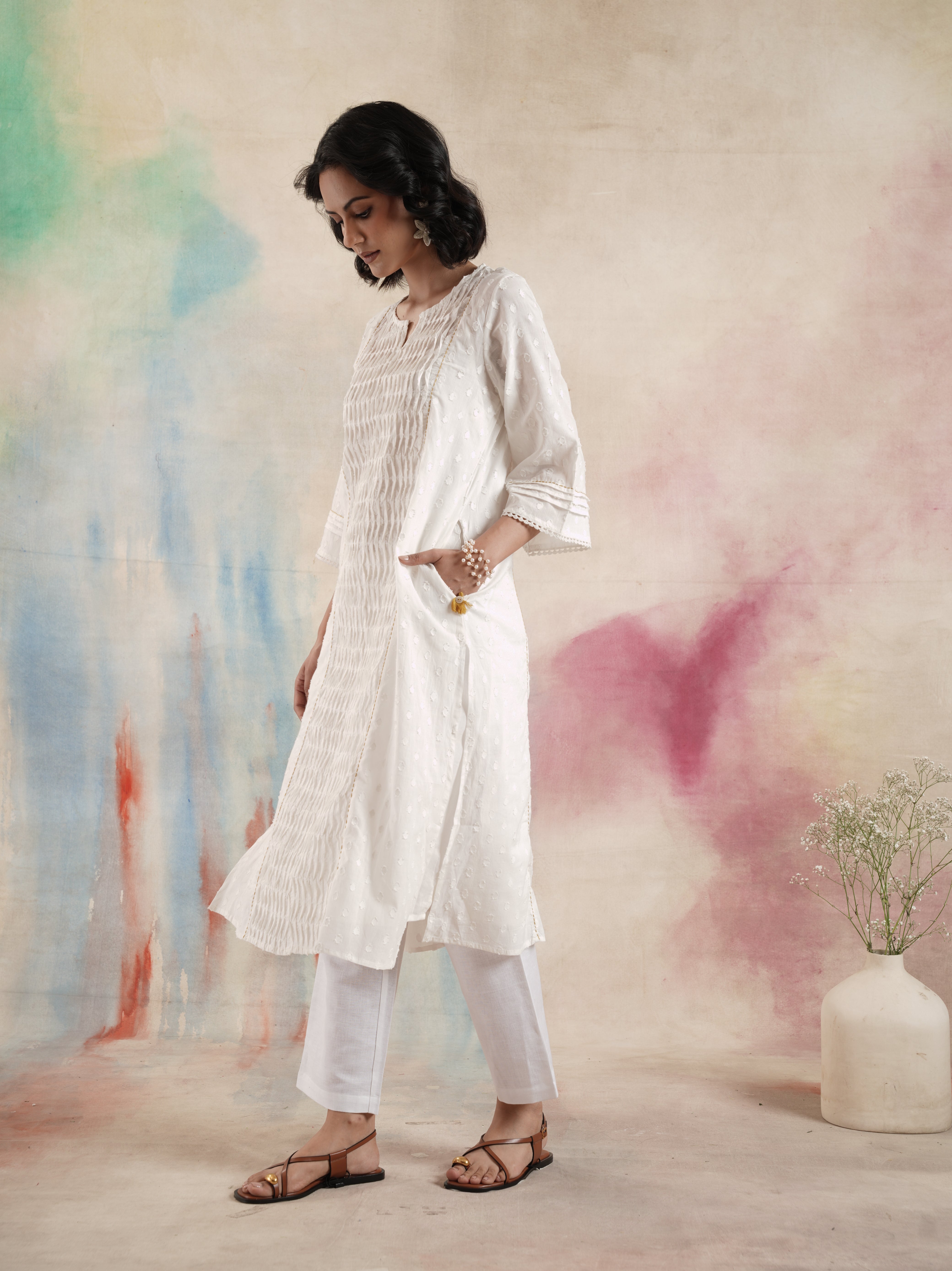 Women's Off White Ruching Kurta Set