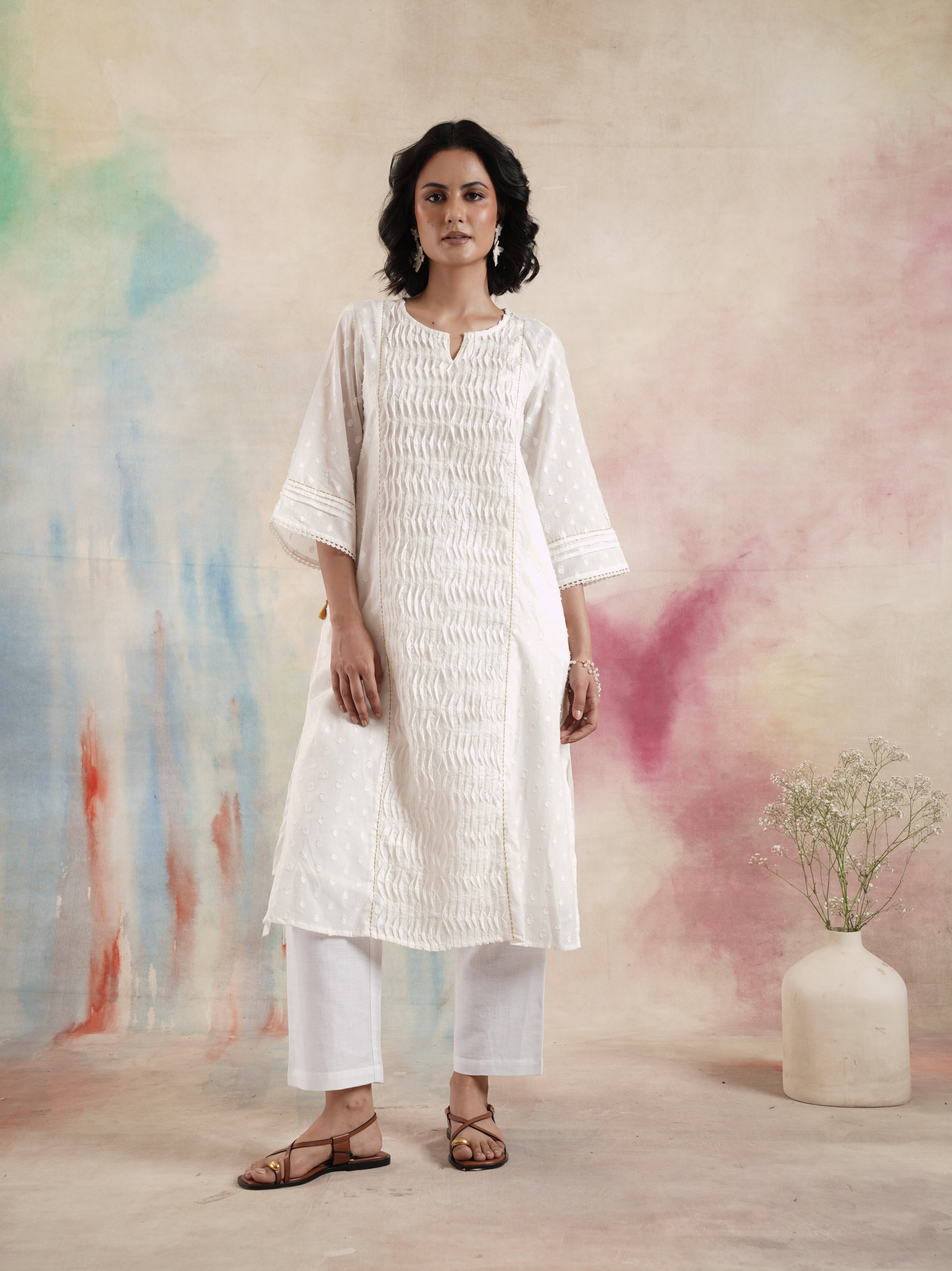 Women's Off White Ruching Kurta Set