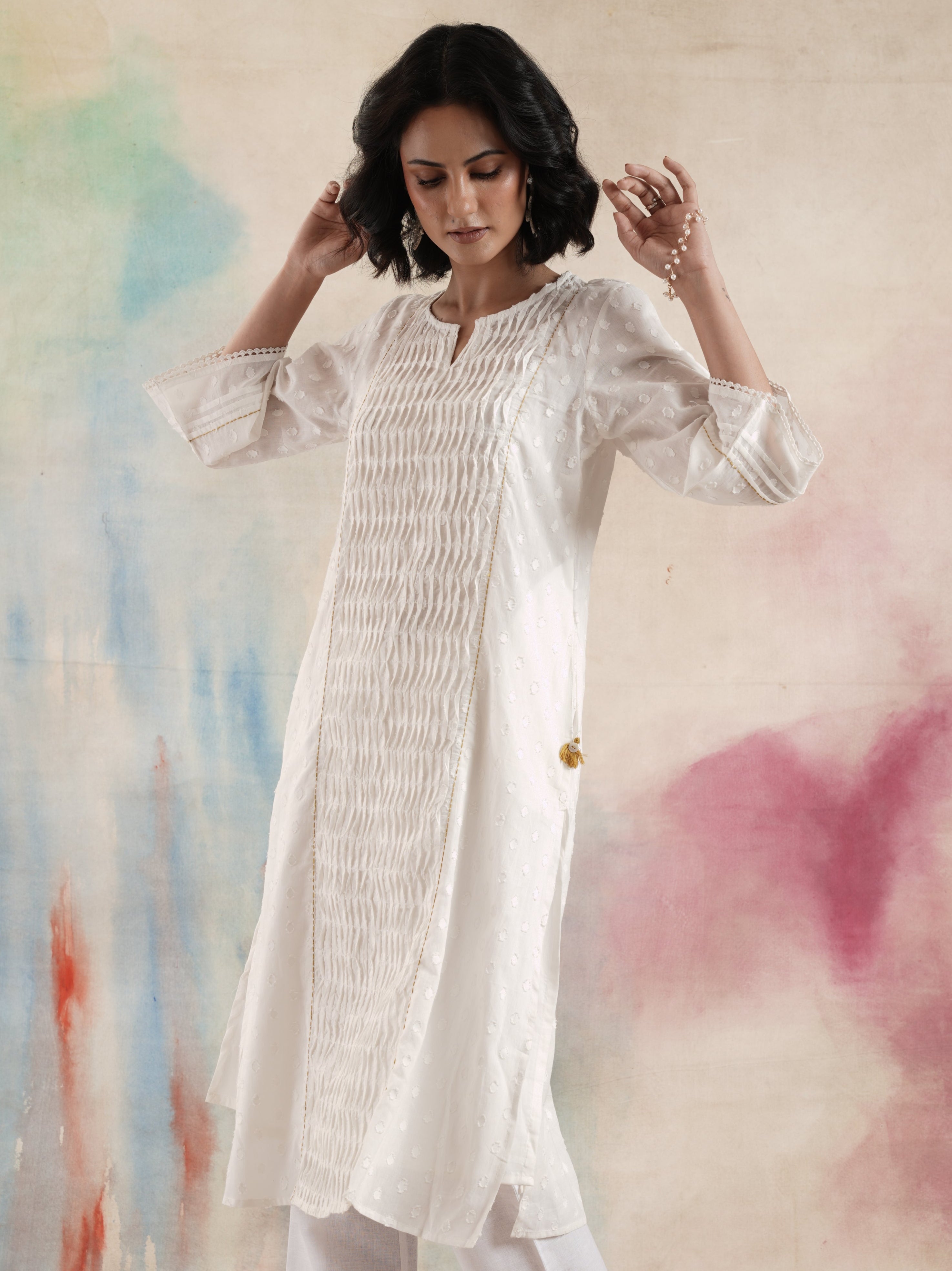 Women's Off White Ruching Kurta Set