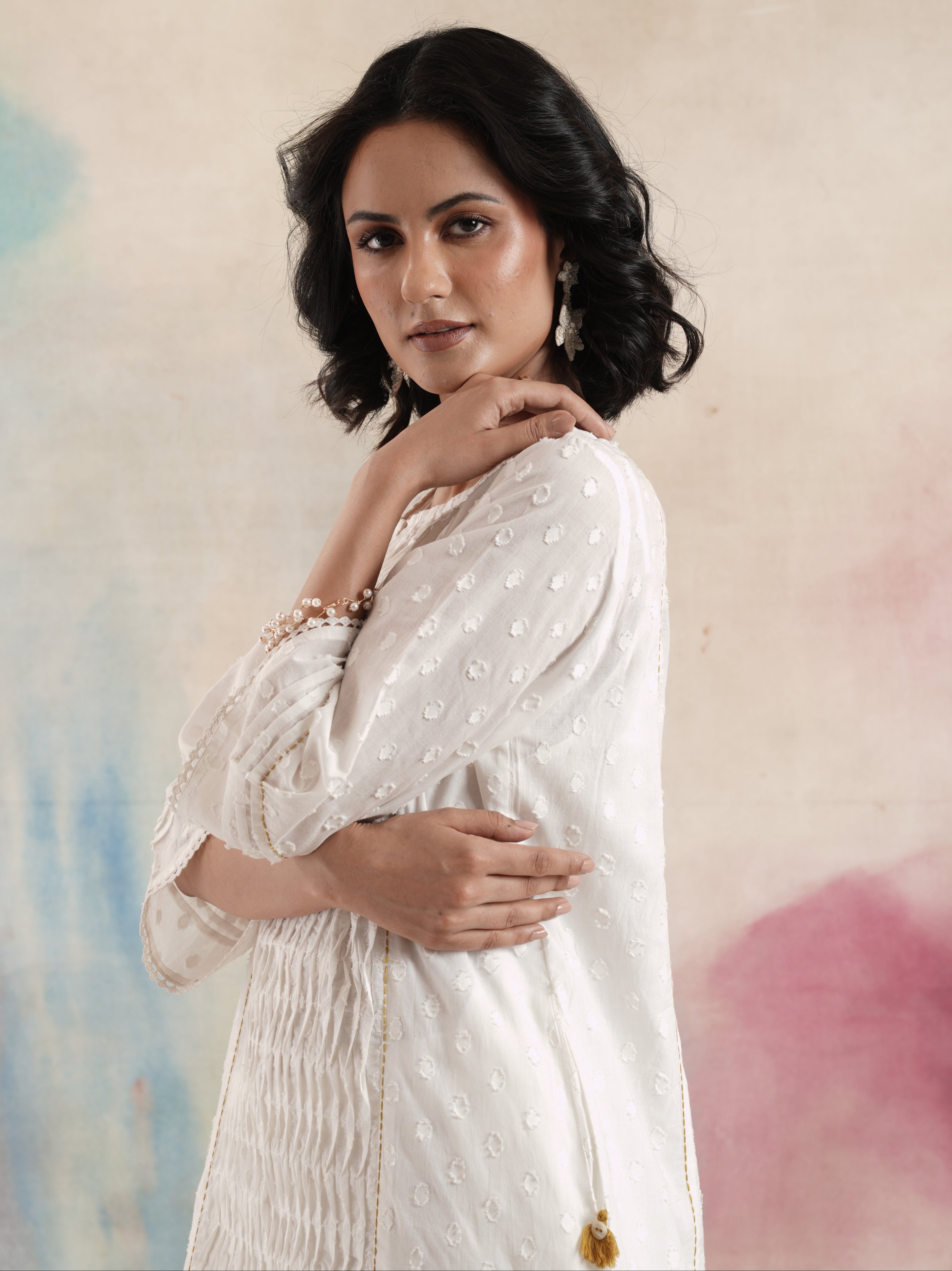 Women's Off White Ruching Kurta Set