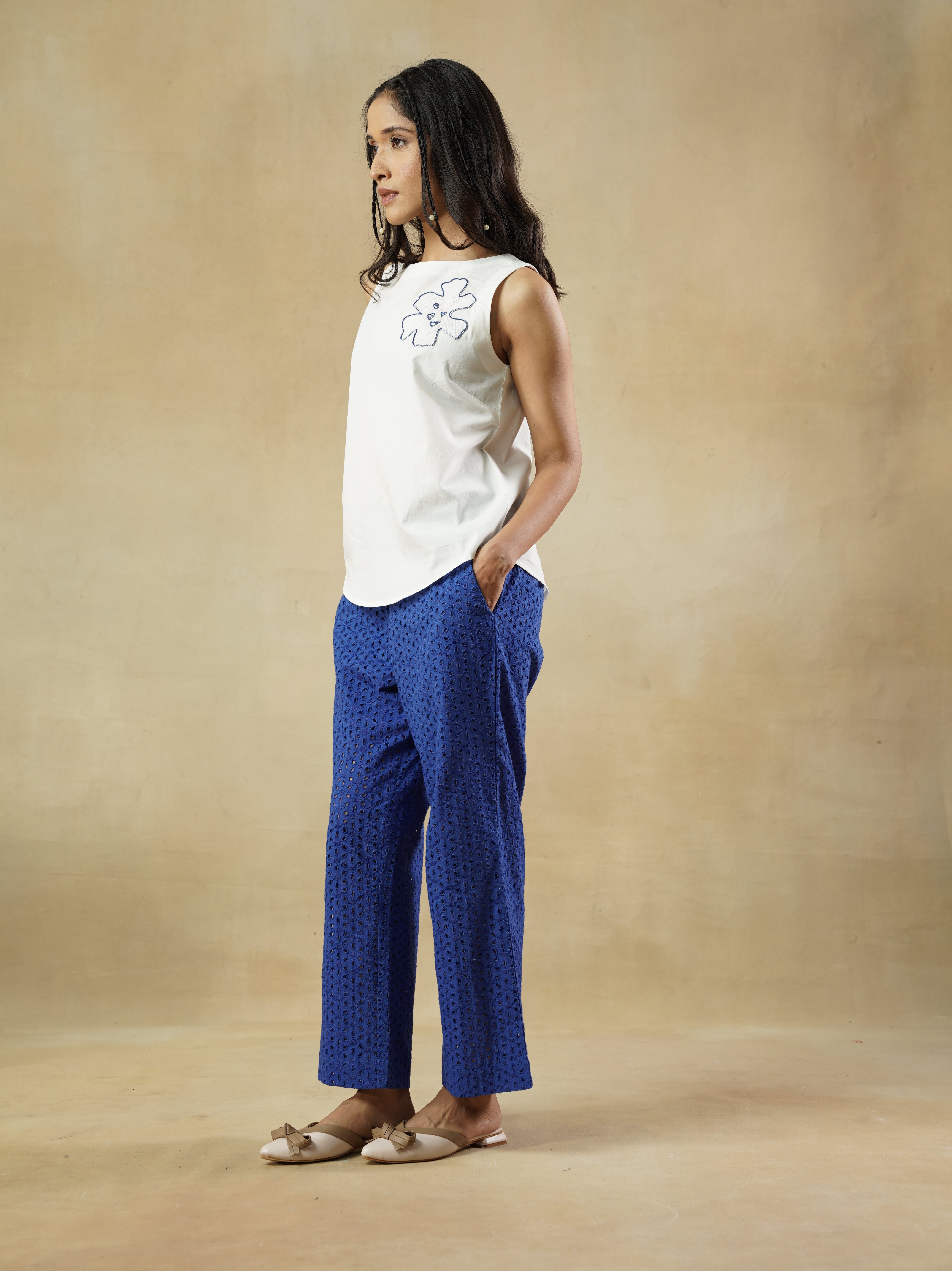 White Cotton Top with Abstract Flower Patch