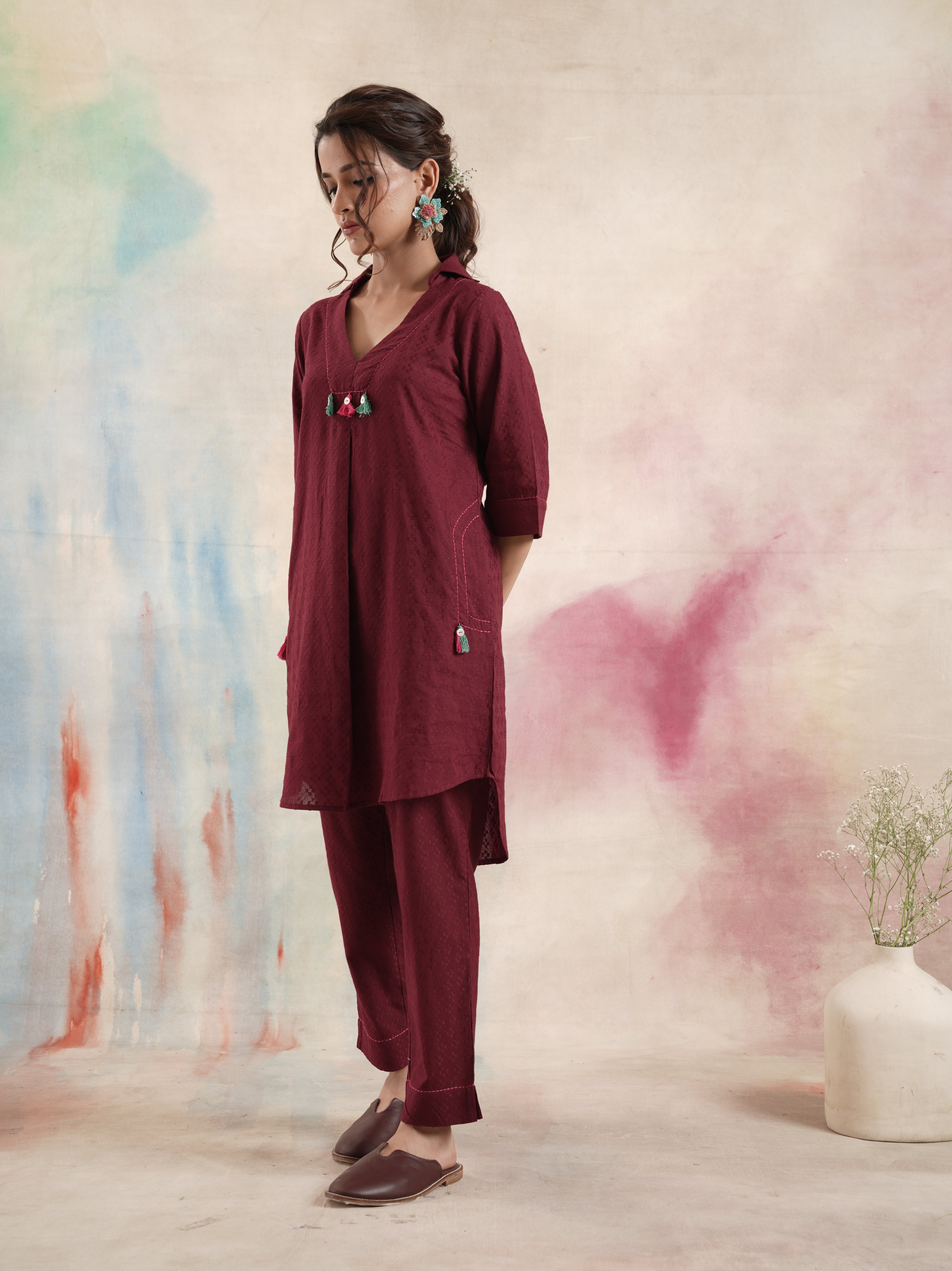 Women's Maroon Embroidered Coord Set